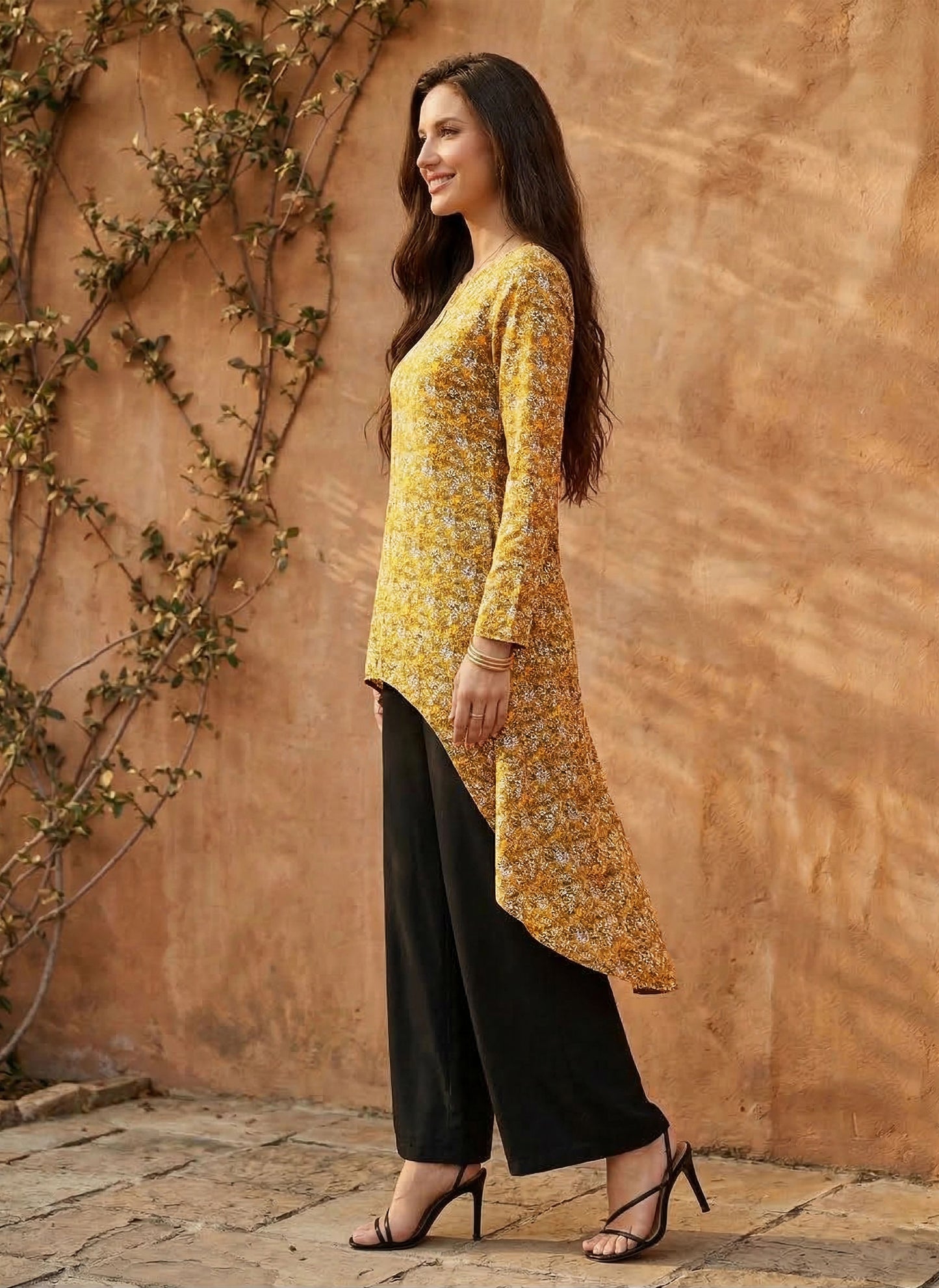 Berrylush Women Mustard Yellow Floral Printed High-Low Longline Top