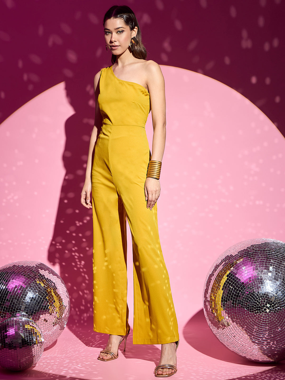 Berrylush Women Solid Yellow One-Shoulder Neck Sleeveless Wide-Leg Straight Hem Maxi Jumpsuit