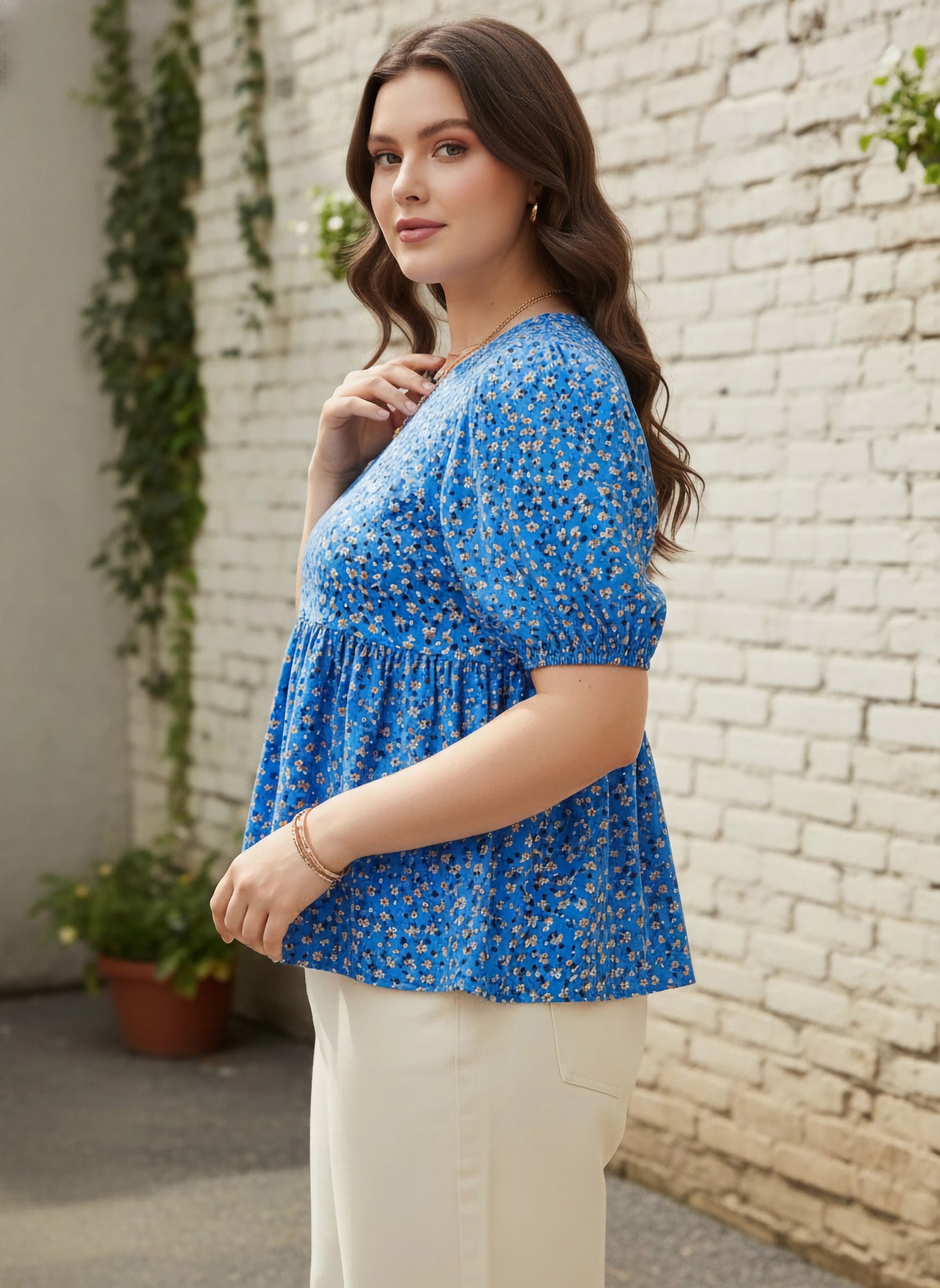 Berrylush Women Plus Size Blue & Yellow Floral Printed Round Neck Button-Up Crepe Pleated Regular Top