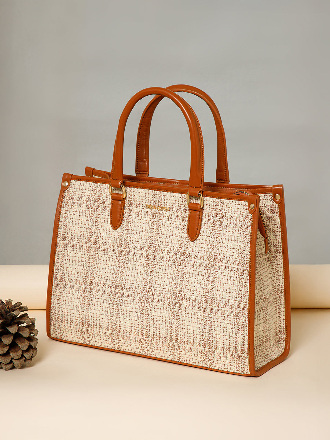 Berrylush Women Cream Checked Structured Two Handles Tote Bag