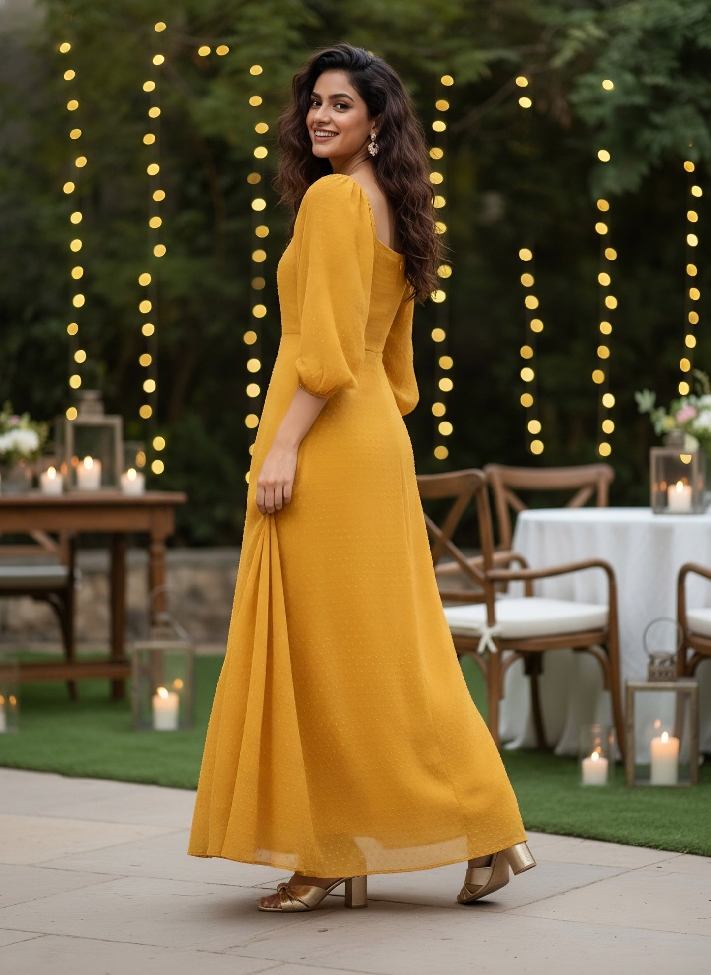 Berrylush Women Mustard Yellow Self-Design Patterned Puff Sleeves Maxi Dress