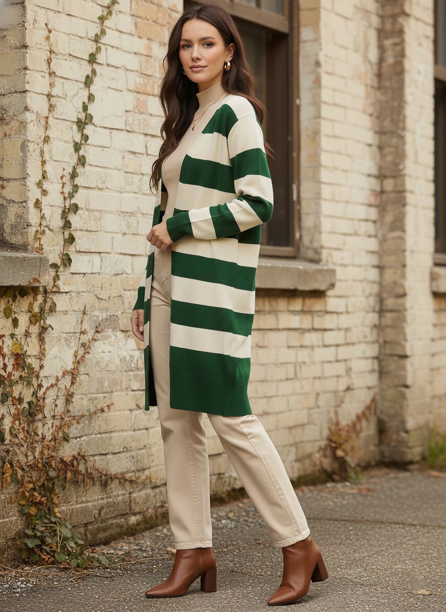 Berrylush Women Green & White Striped Print V-Neck Drop-Shoulder Sleeves Open-Front Acrylic Straight Hem Knitted Longline Cardigan