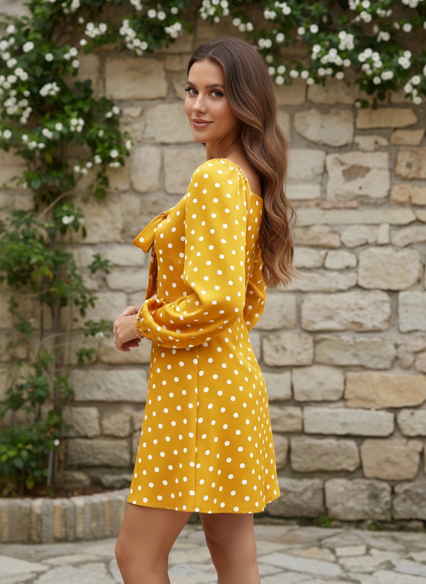 Berrylush Women Yellow Polka Dot Printed Tie-Up Sweetheart Neck Flared A-Line Mini Dress