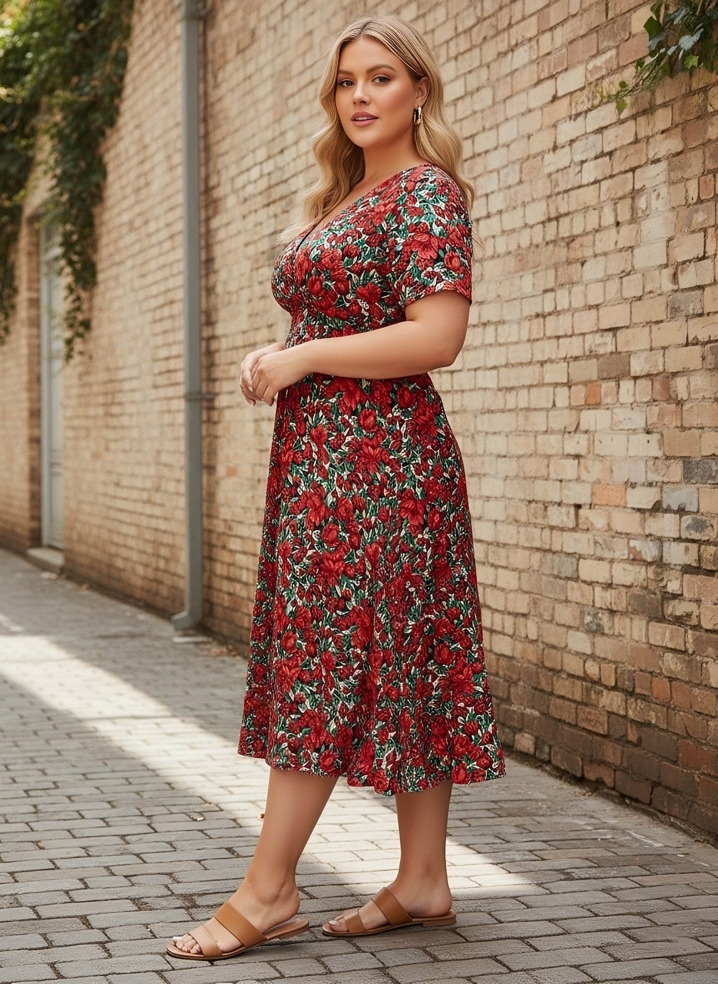 Berrylush Women Plus Size Red & Green Floral Printed V-Neck Crepe Flared Wrap Midi Dress