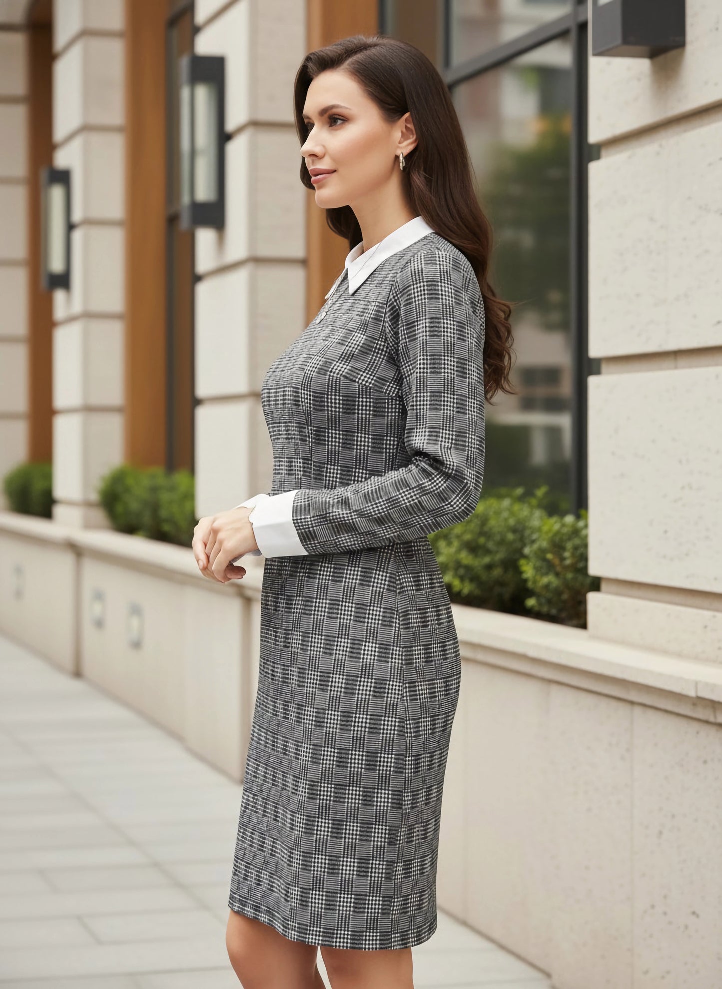 Berrylush BIZwear Women Black Houndstooth & Checked Print Contrast Collar Neck Straight Hem Knitted Bodycon Mini Dress