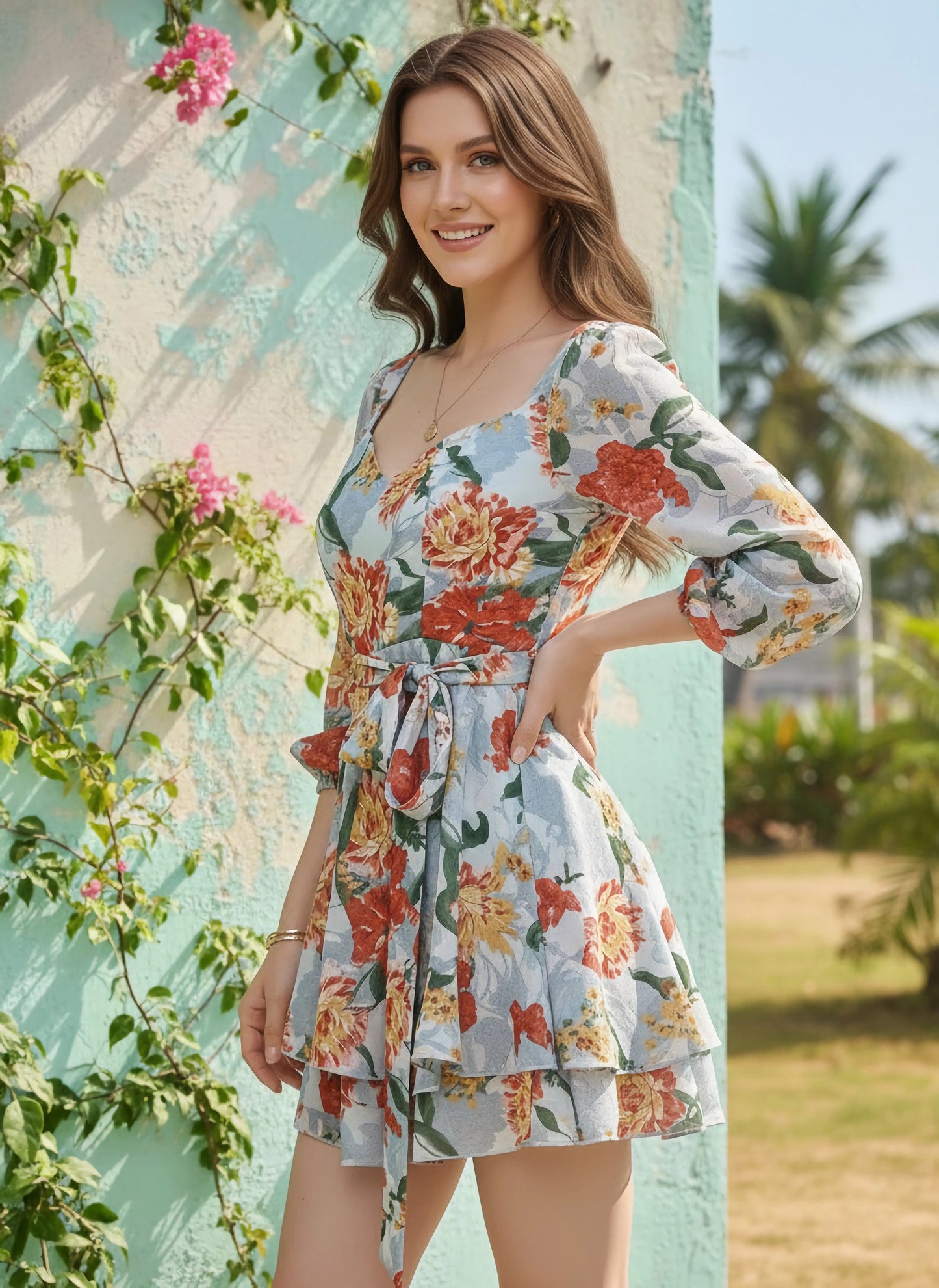 Berrylush Women Blue & Rust Orange Floral Printed Sweetheart Neck Tie-Up Waist Layered Mini Jumpsuit