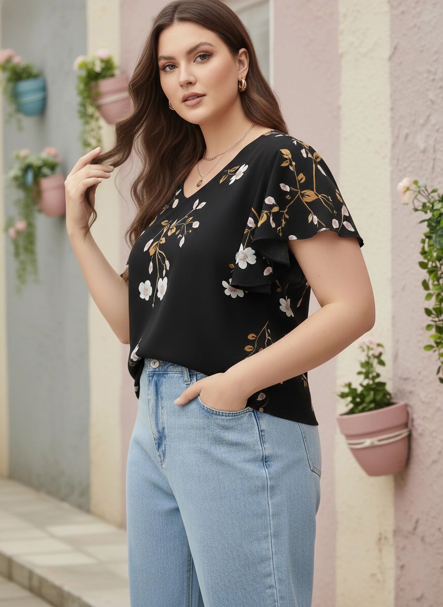 Berrylush Women Plus Size Black & White Floral Printed V-Neck Flutter Sleeve Crepe Ruffled Regular Top