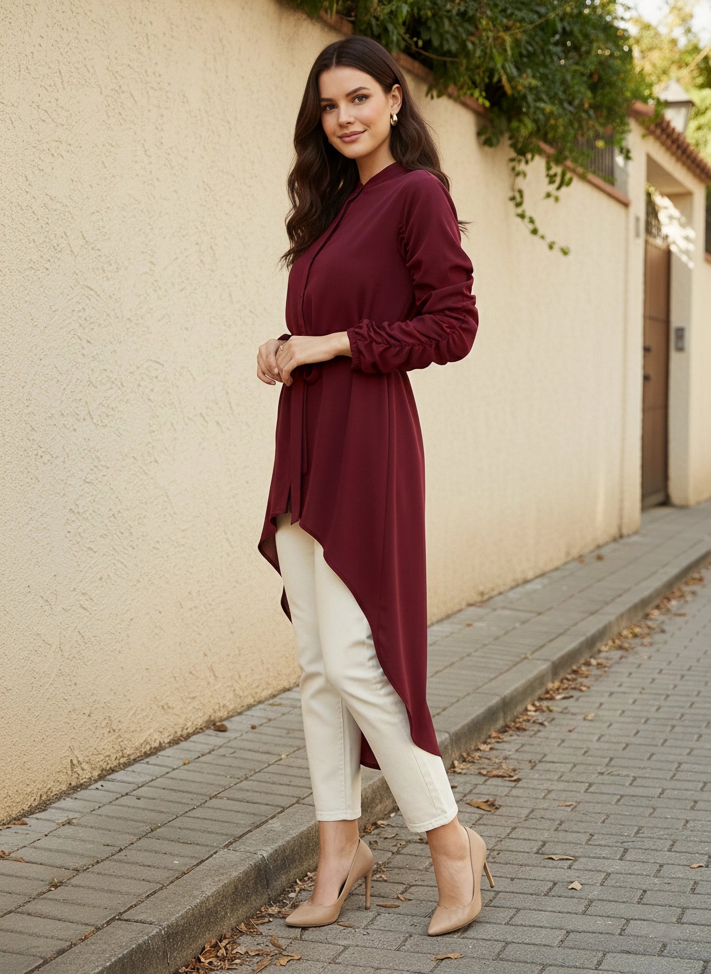 Solid Maroon Stand Collar Neck Bishop Sleeves Tie-Up Waist Front Button-Up High-Low Hem Pleated Longline Top