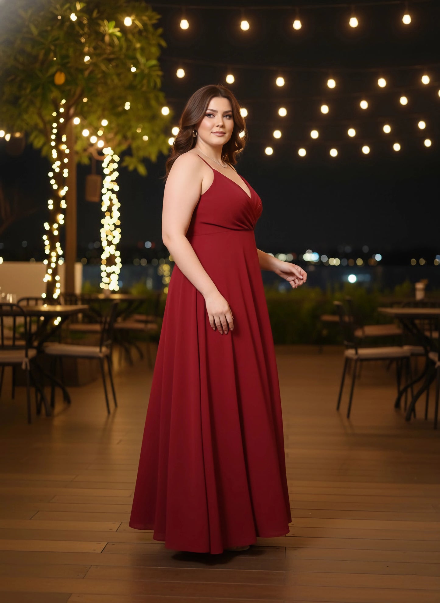 Berrylush Women Plus Size Solid Red V-Neck Sleeveless Crepe Thigh-High Slit Fit & Flare Maxi Dress