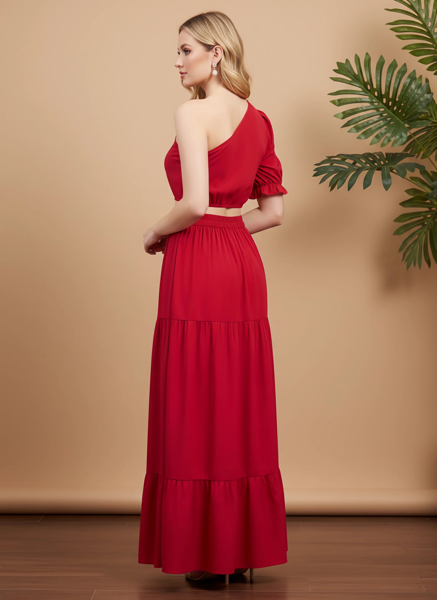 Berrylush Women Solid Red One-Shoulder Neck Puff Sleeves Cropped Top & High-Rise Waist Thigh-High Slit Pleated Maxi Skirt Co-Ord Set