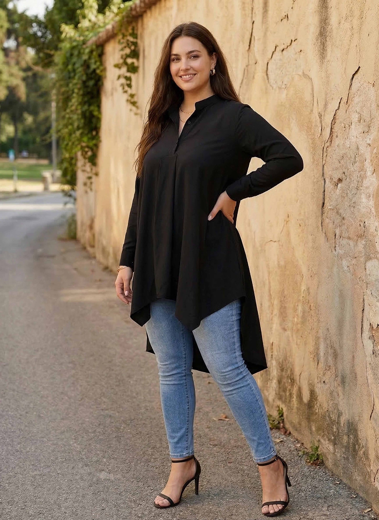 Plus Size Solid Black Mandarin Collar Neck Flutter Sleeve Crepe Button-Up High-Low Hem Longline Top