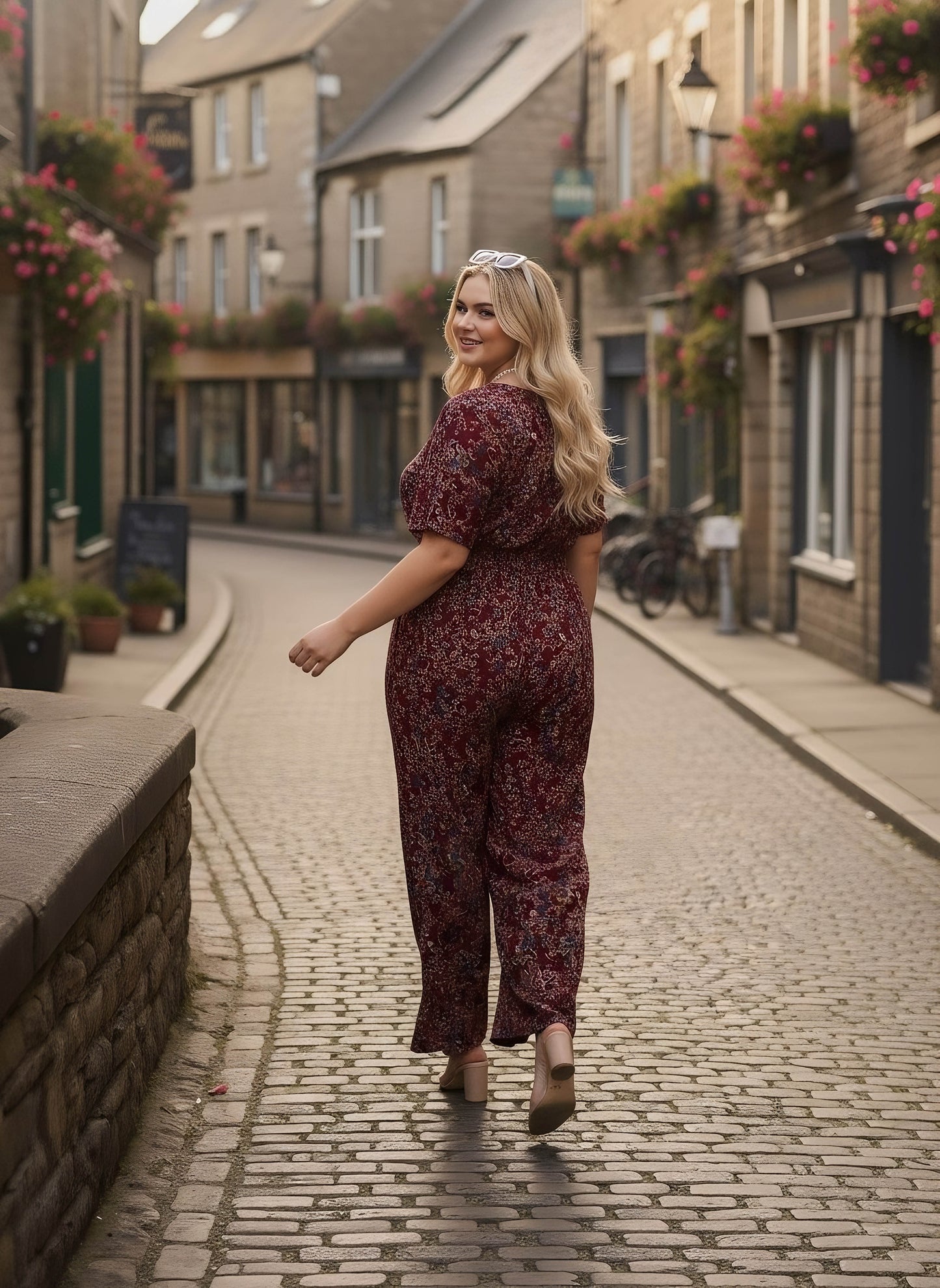 Berrylush Curve Women Maroon & Blue Floral Printed V-Neck Back Keyhole Smocked Maxi Jumpsuit