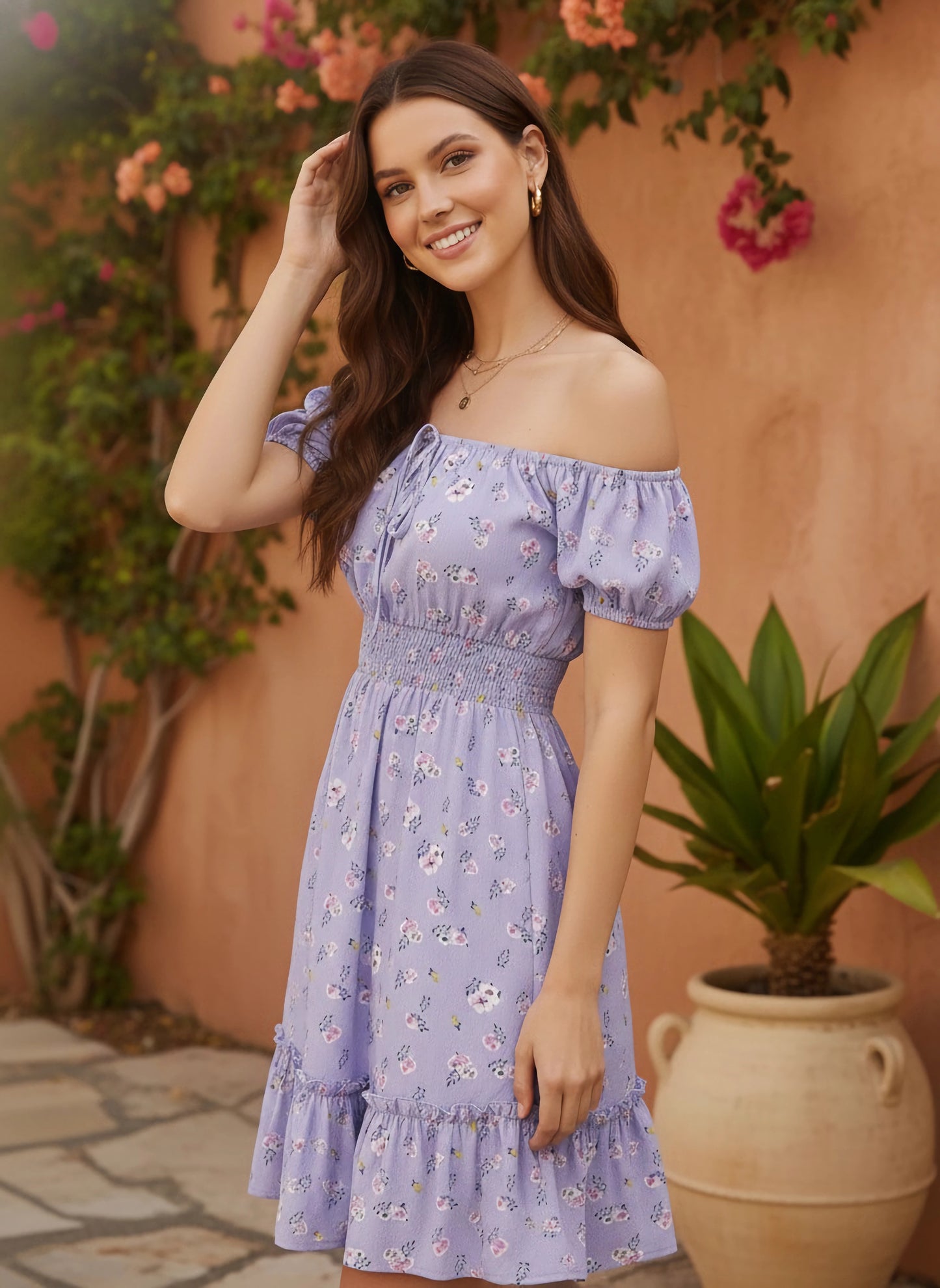 Berrylush Women Purple & White Floral Printed Off-Shoulder Neck Front Tie-Up Pleated Fit & Flare Mini Dress