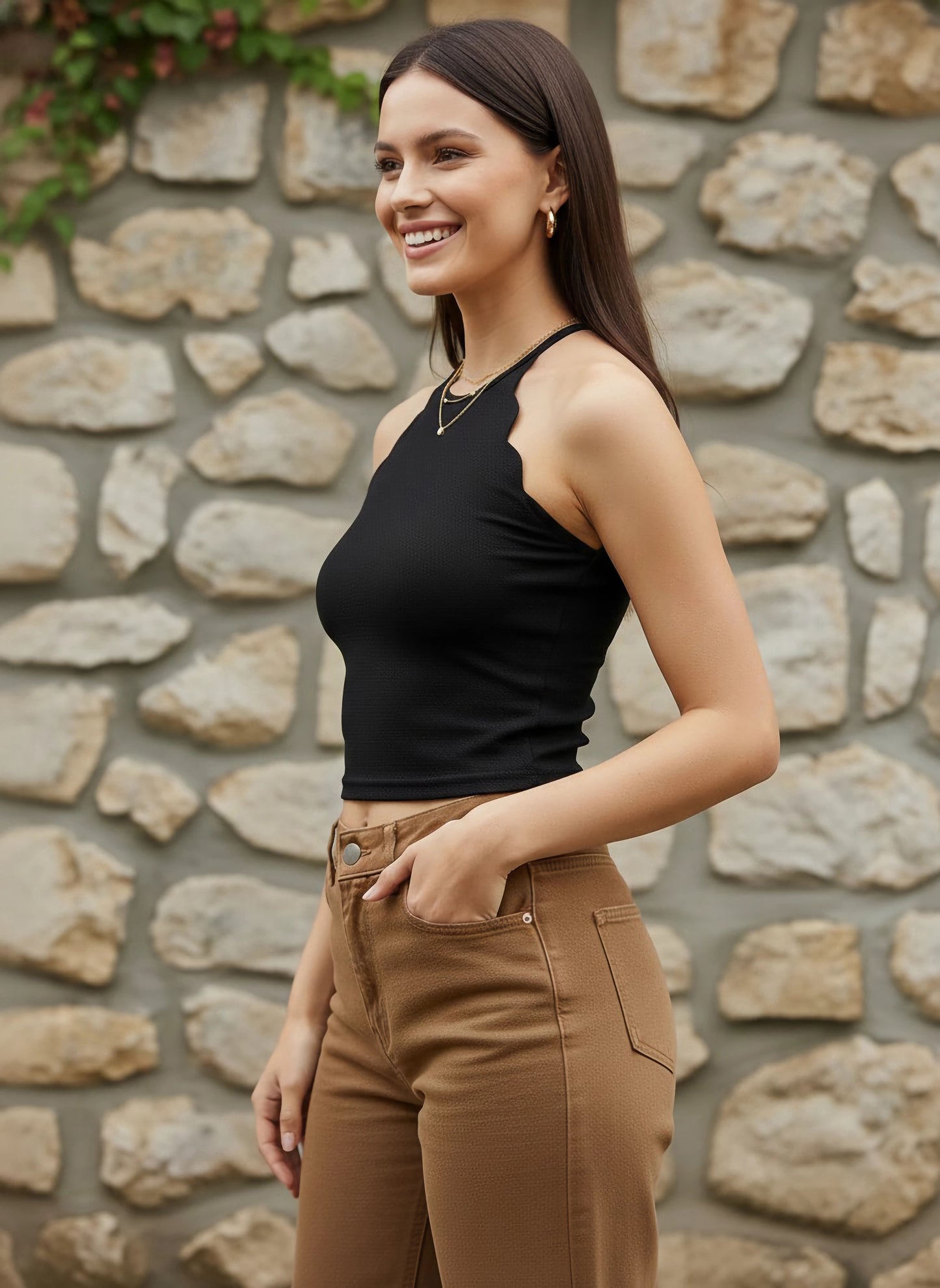 Solid Black Round Neck Sleeveless Backless Tie-Up Scallop Trim Knitted Crop Top