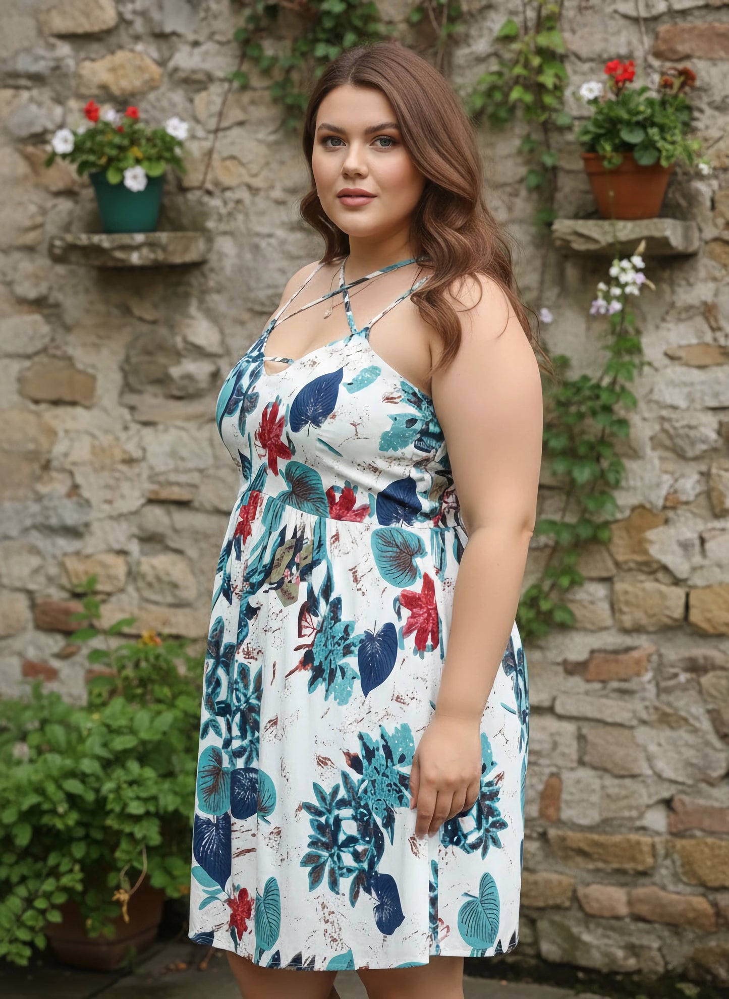 Plus Size White & Blue Tropical Printed V-Neck Sleeveless Pleated Fit & Flare Mini Dress