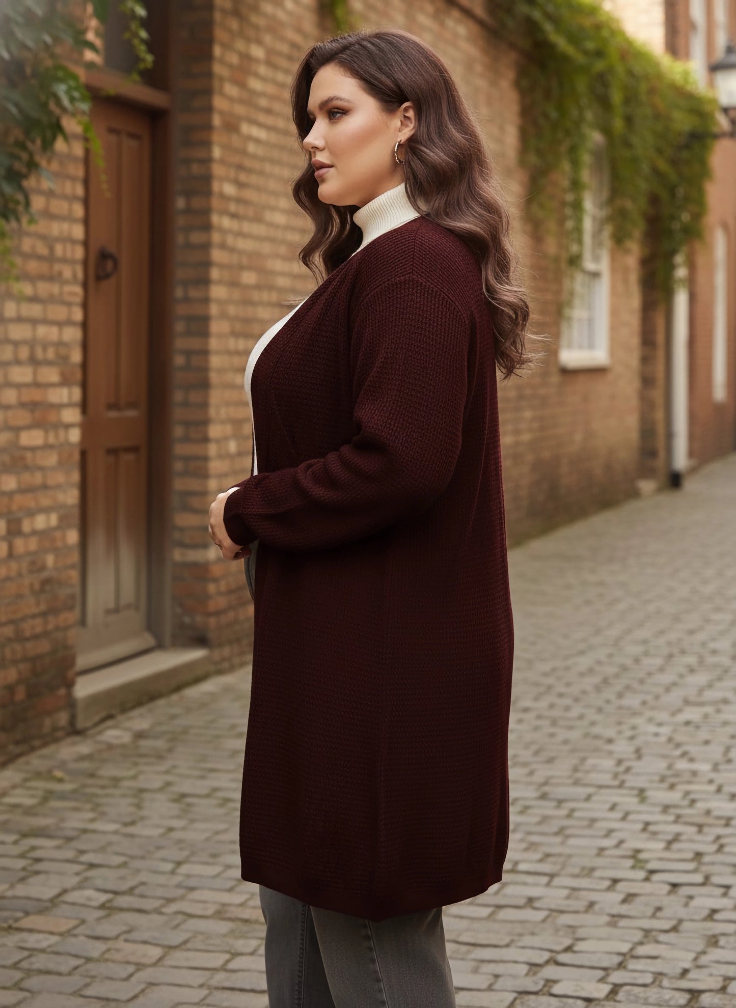 Berrylush Curve Women Solid Maroon Open-Front Acrylic Straight Hem Knitted Longline Cardigan