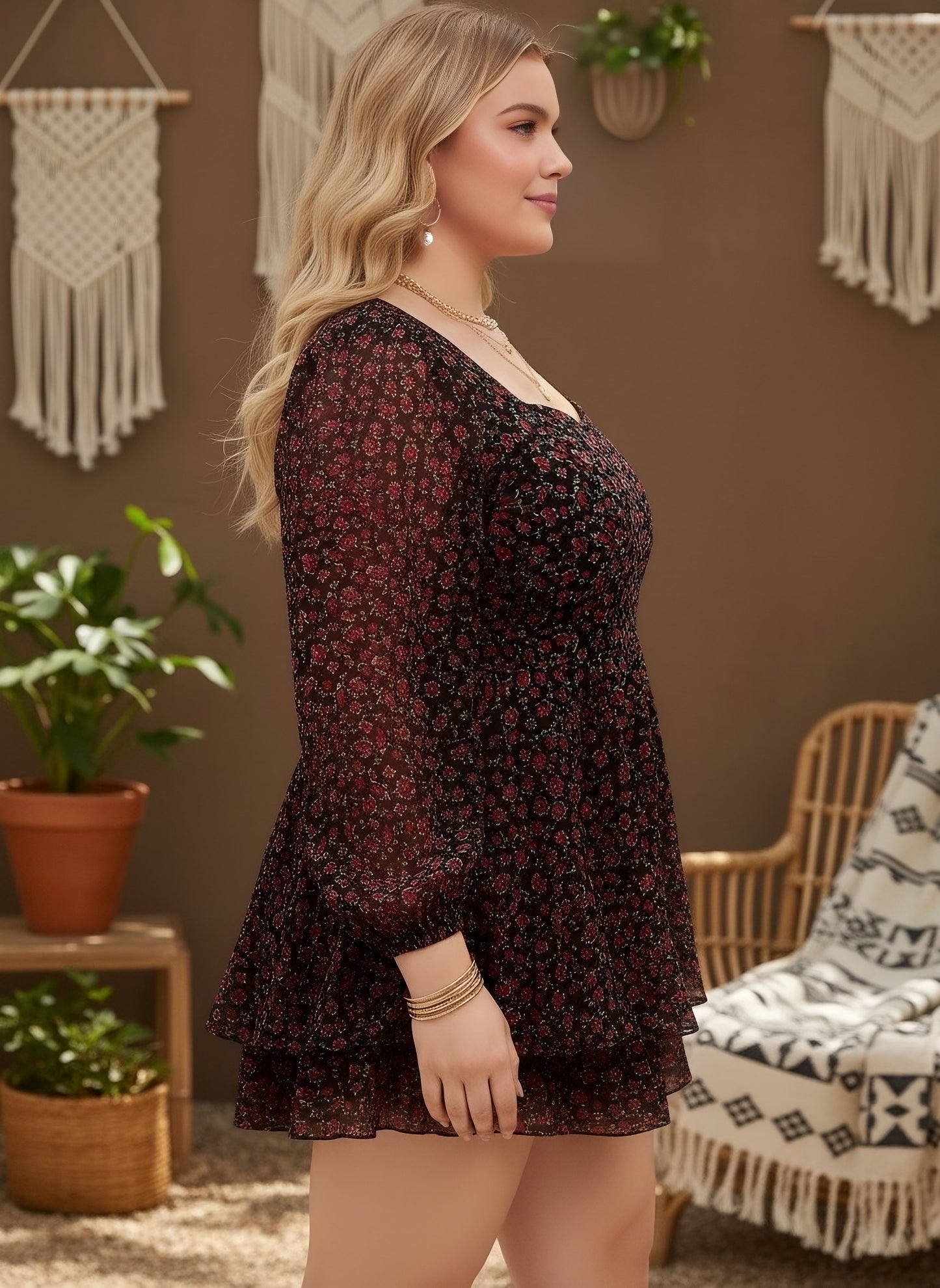 Berrylush Curve Women Black & Red Floral Printed Sweetheart Neck Puff Sleeves Tie-Up Waist Layered Mini Jumpsuit