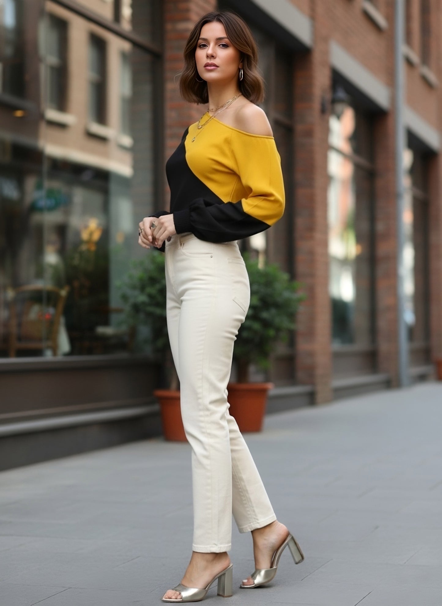 Berrylush Women Black & Mustard Yellow Colour-Blocked Pattern Round Neck Bishop Sleeves Regular Blouson Top