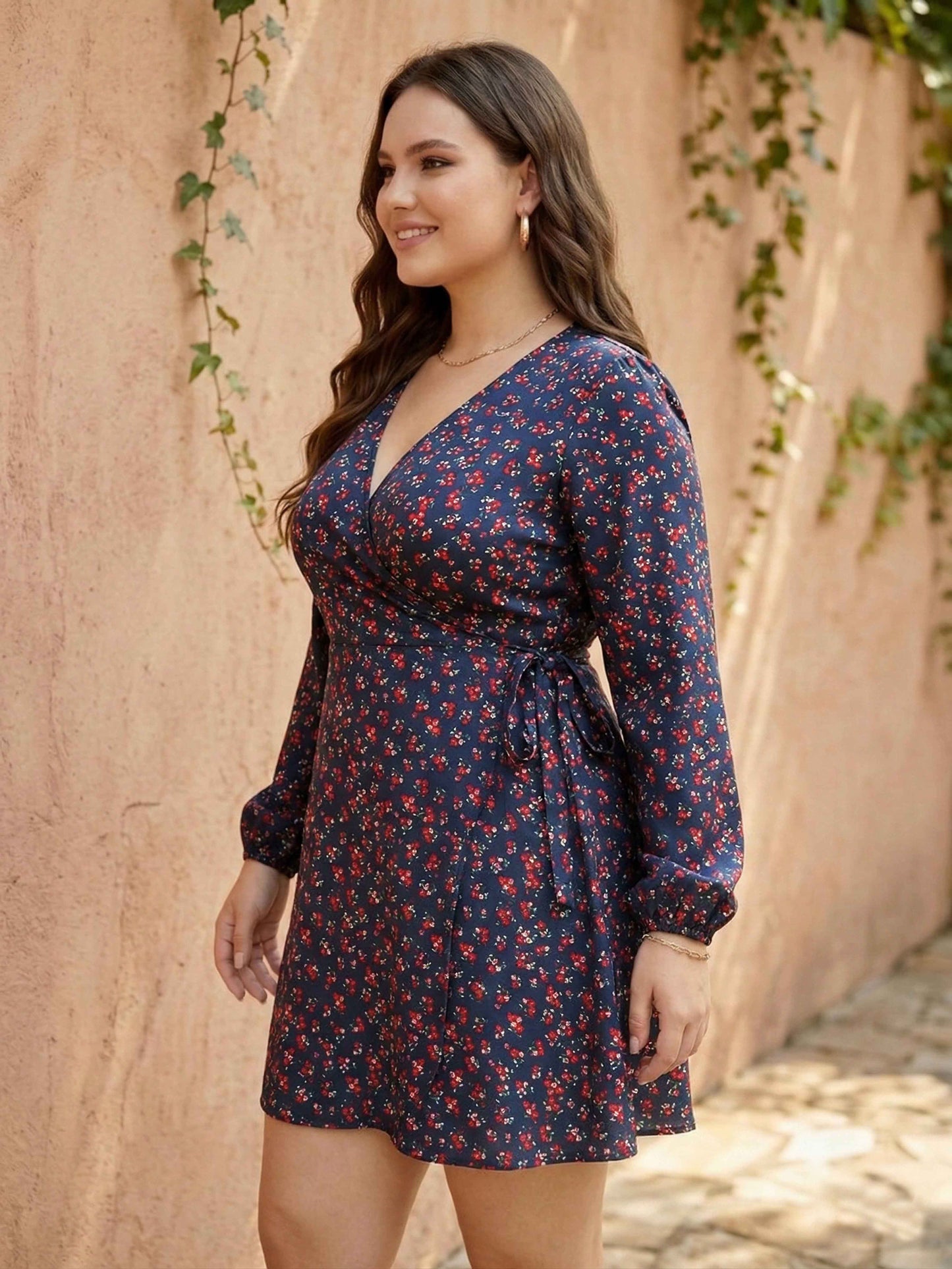 Berrylush Women Plus Size Navy Blue & Red Floral Printed V-Neck Waist Tie-Up Fit & Flare Wrap Mini Dress