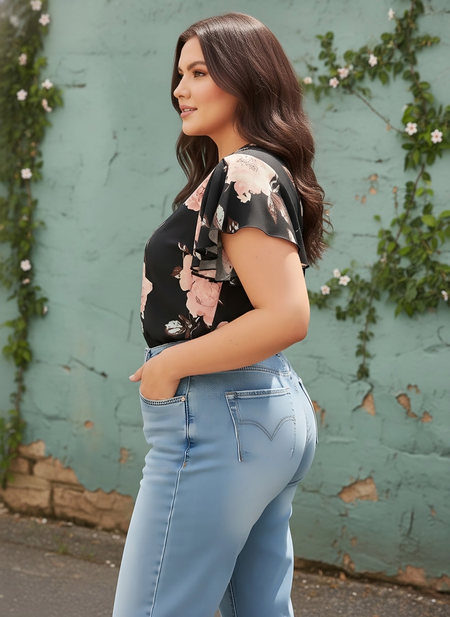 Berrylush Curve Women Black & Pink Floral Printed V-Neck Flutter Sleeves Slip-On Regular Top