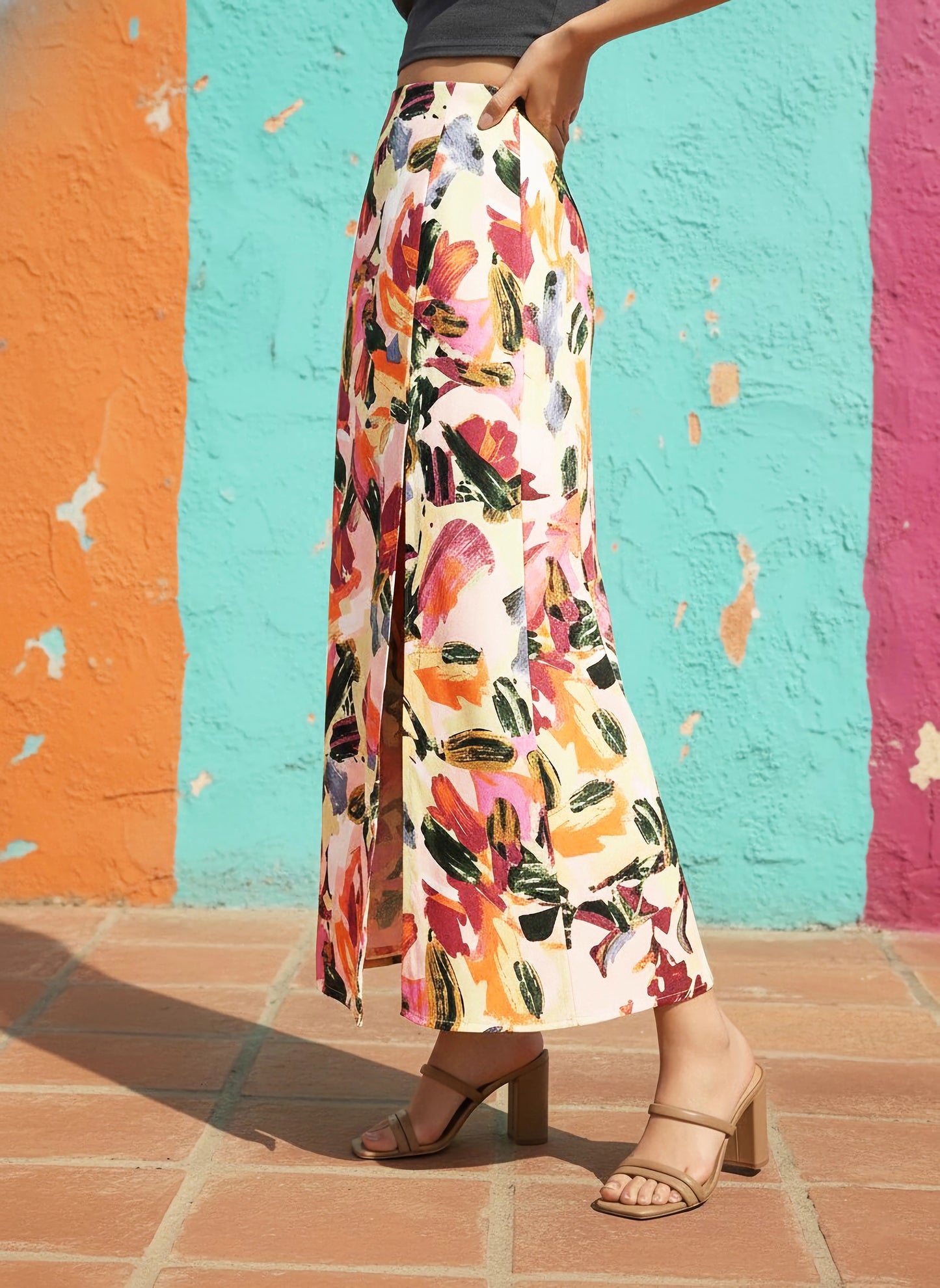 Berrylush Women Pink Brushstroke Printed Thigh-Slit Midi Skirt