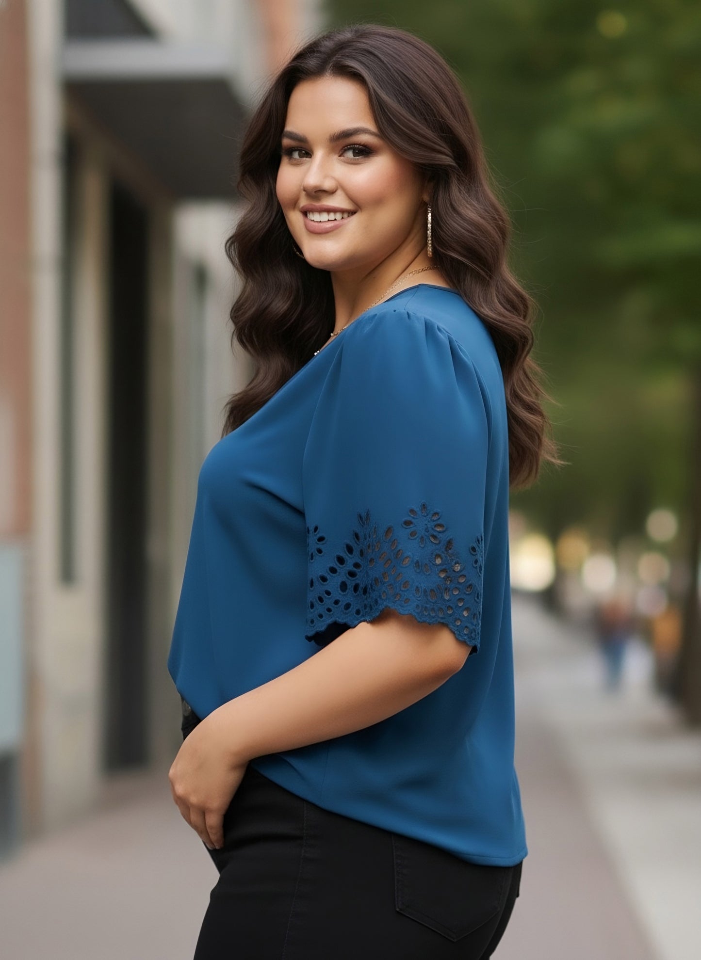Berrylush Women Plus Size Solid Blue V-Neck Cutout Sleeve Crepe Regular Top