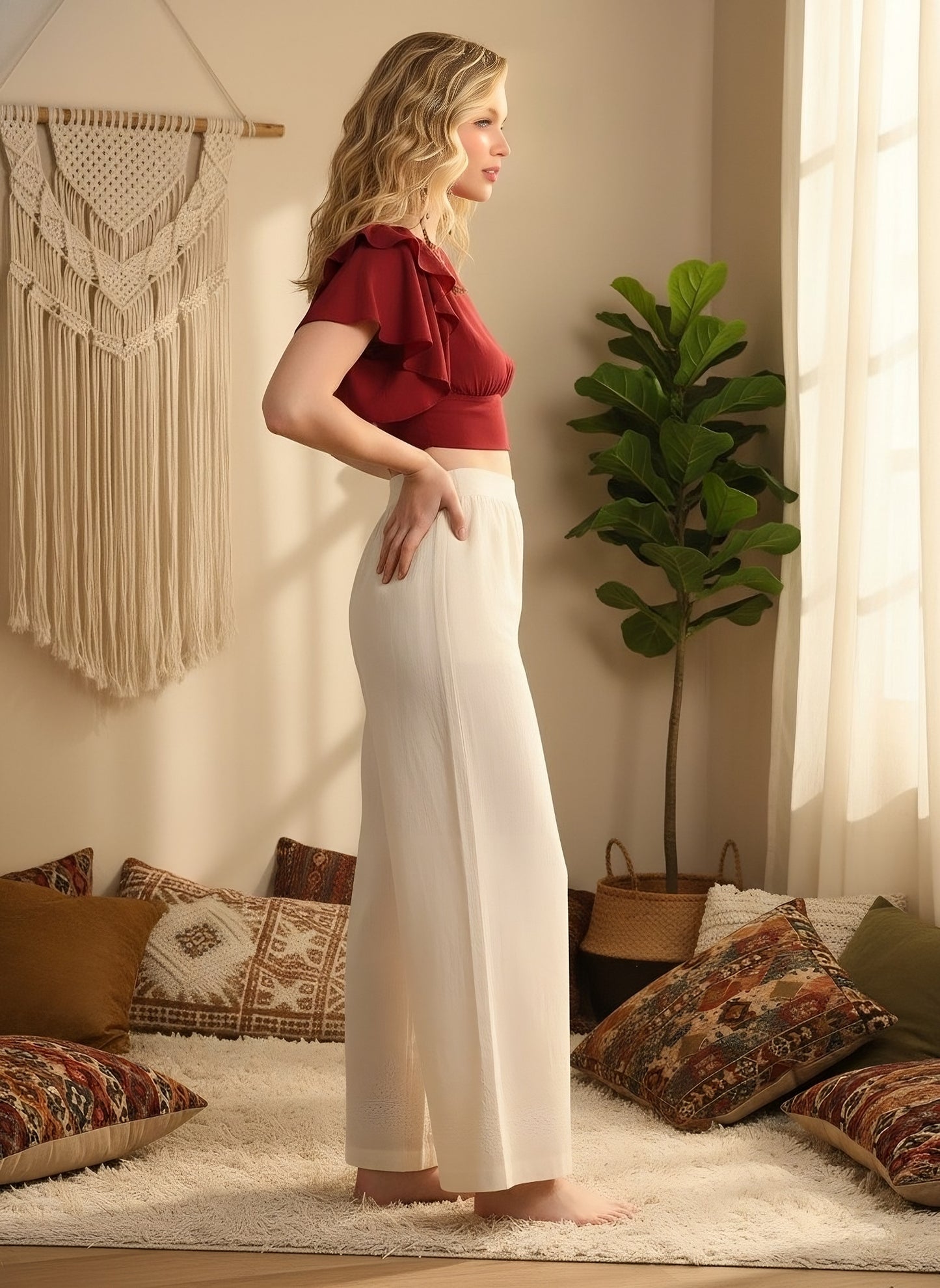 Berrylush Women Solid Red Round Neck Waist Tie-Up Crepe Blouson Crop Top