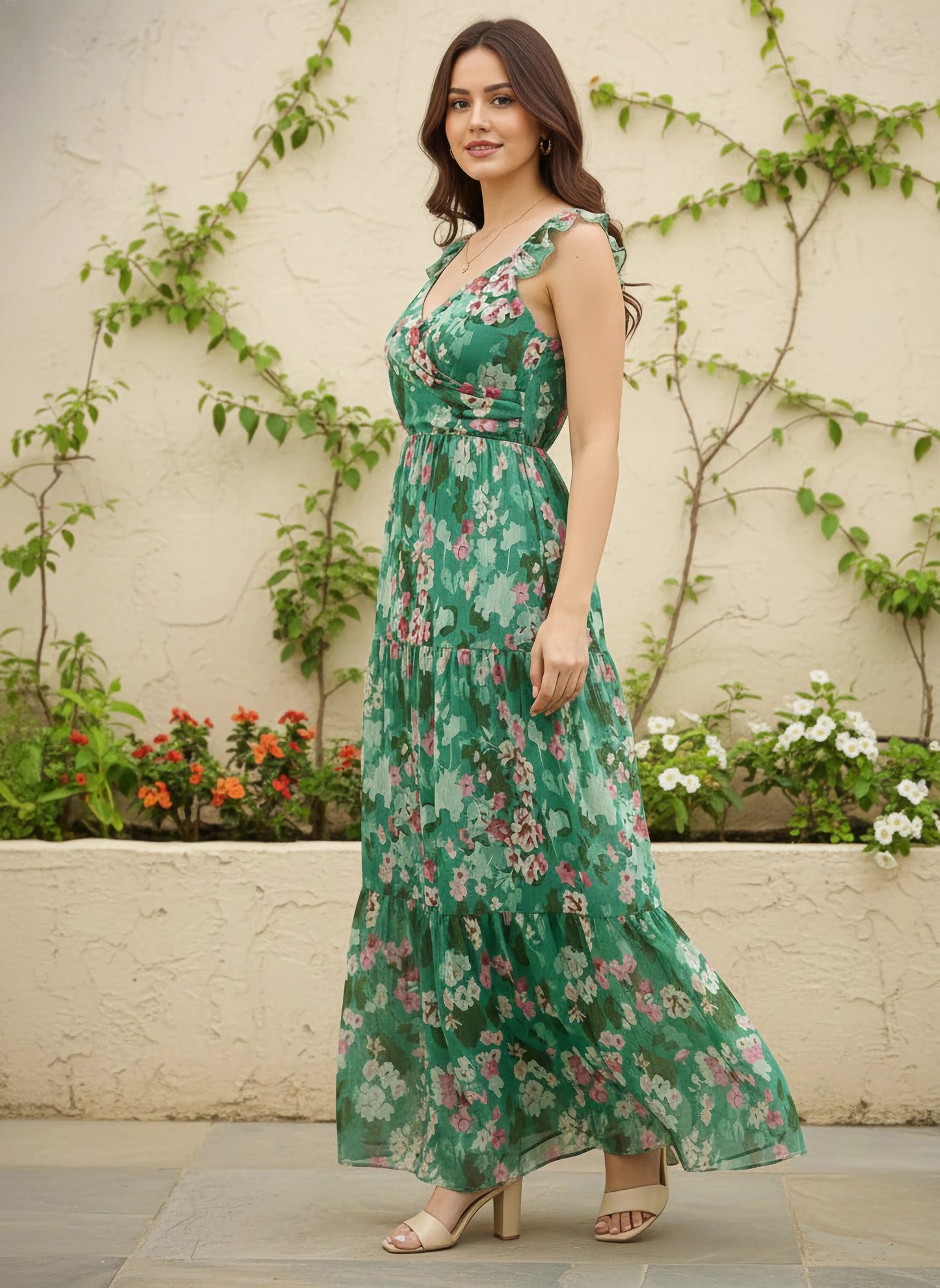 Green & Pink Floral Printed Sweetheart Neck Sleeveless Back Cutout Straight Hem Pleated Maxi Dress