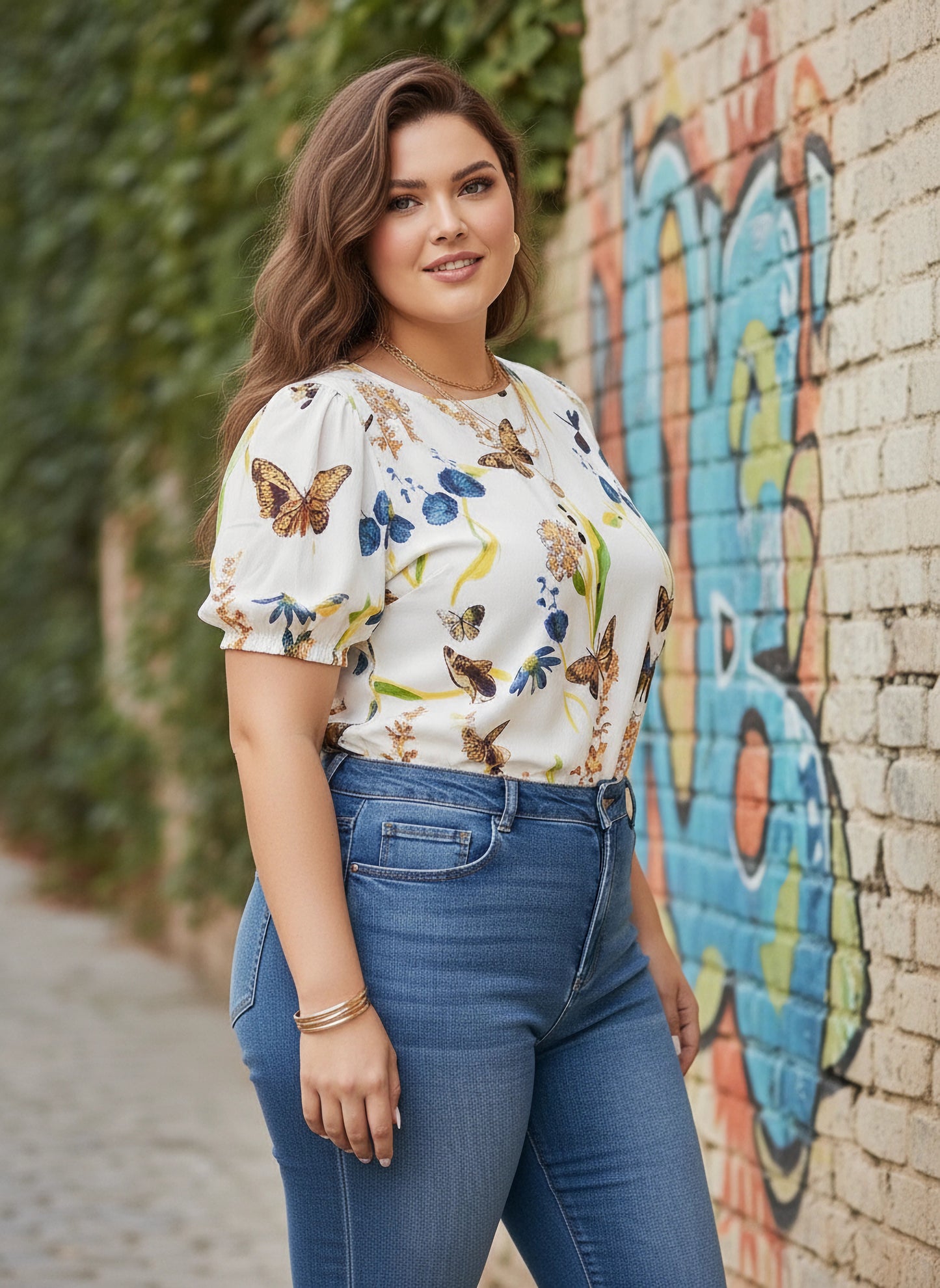 Berrylush Curve Women White & Multicolour Nature Printed Round Neck Cutout Tie-Up Back Regular Top