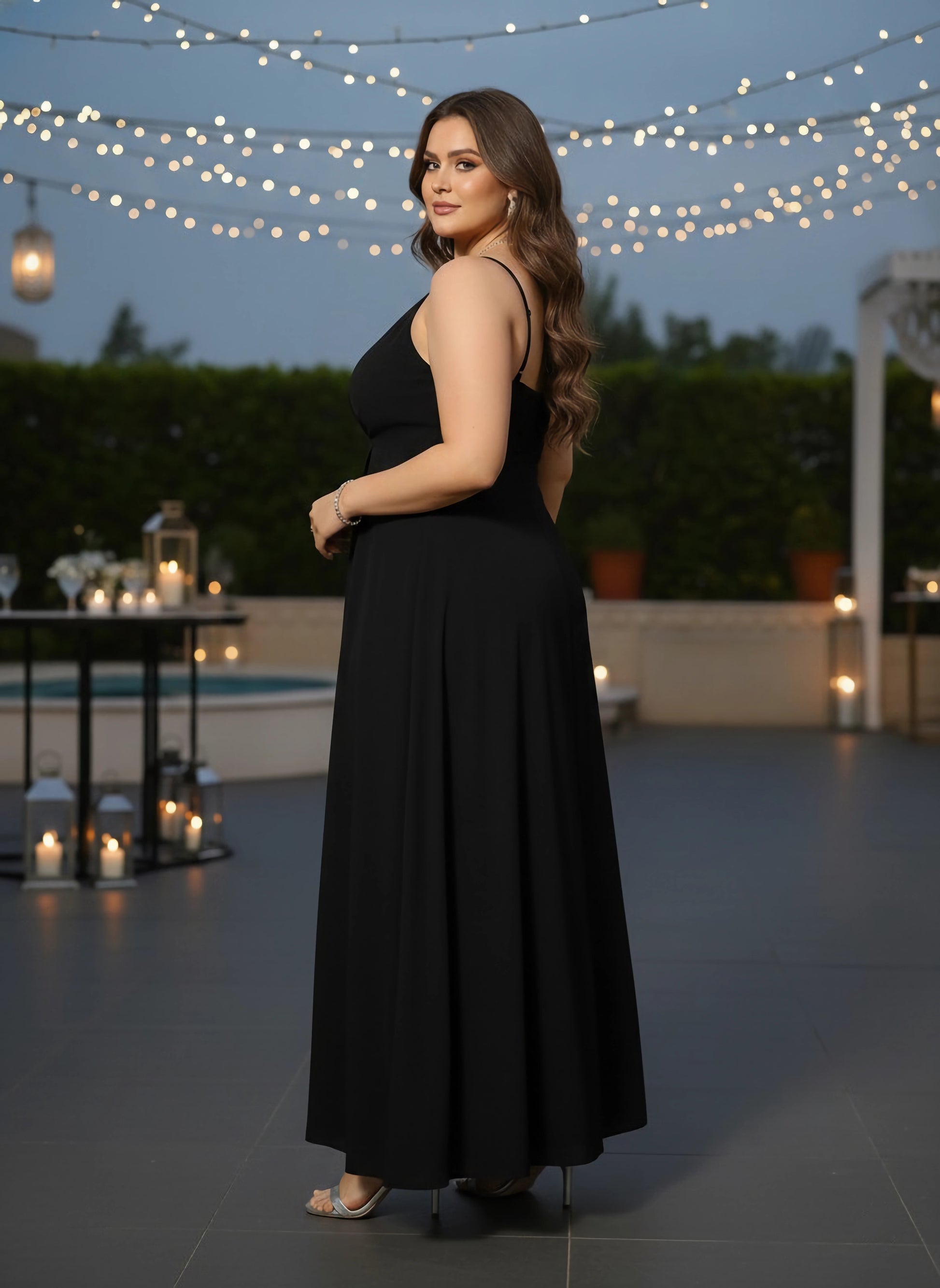Women Plus Size Solid Black V-Neck Sleeveless Crepe Thigh-High Slit Flared Maxi Dress - Berrylush Women Plus Size Solid Black V-Neck Sleeveless Crepe Thigh-High Slit Flared Maxi Dress - Berrylush