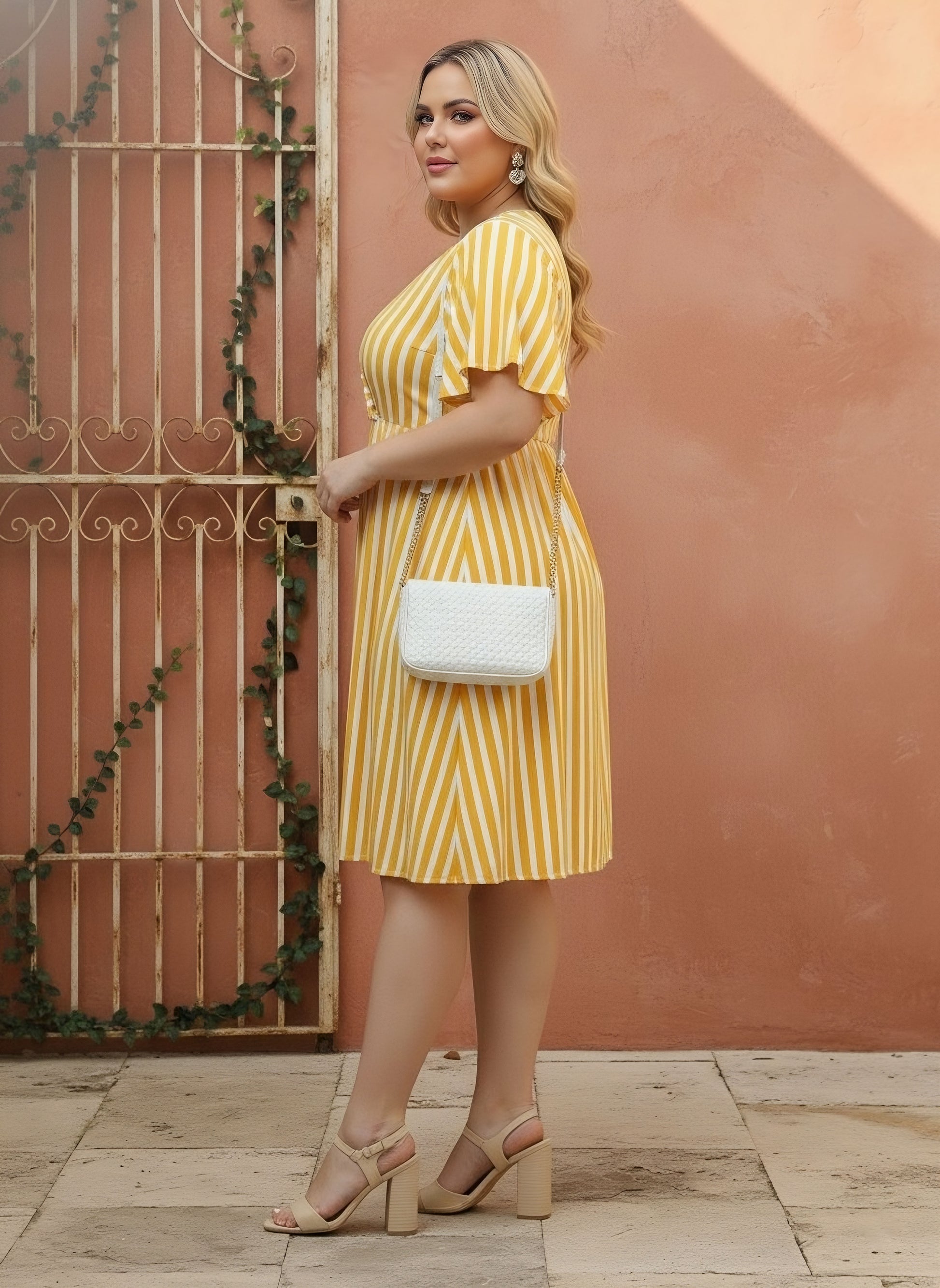 Women Plus Size Yellow & White Striped Print V-Neck Flutter Sleeves Cotton Curved Hem Pleated A-line Mini Dress Women Plus Size Yellow & White Striped Print V-Neck Flutter Sleeves Cotton Curved Hem Pleated A-line Mini Dress