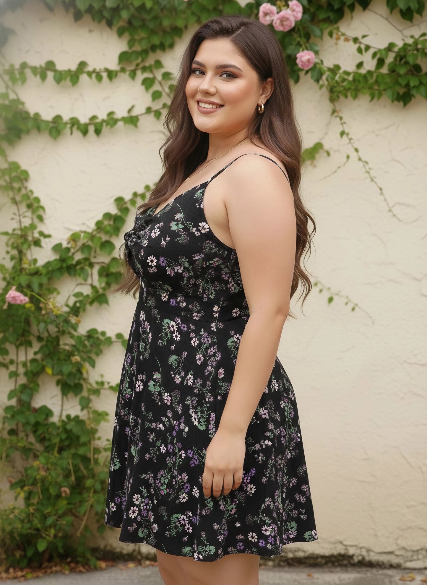 Berrylush Women Plus Size Black & Purple Floral Printed Crepe Front Twist Detail Crepe Mini Dress
