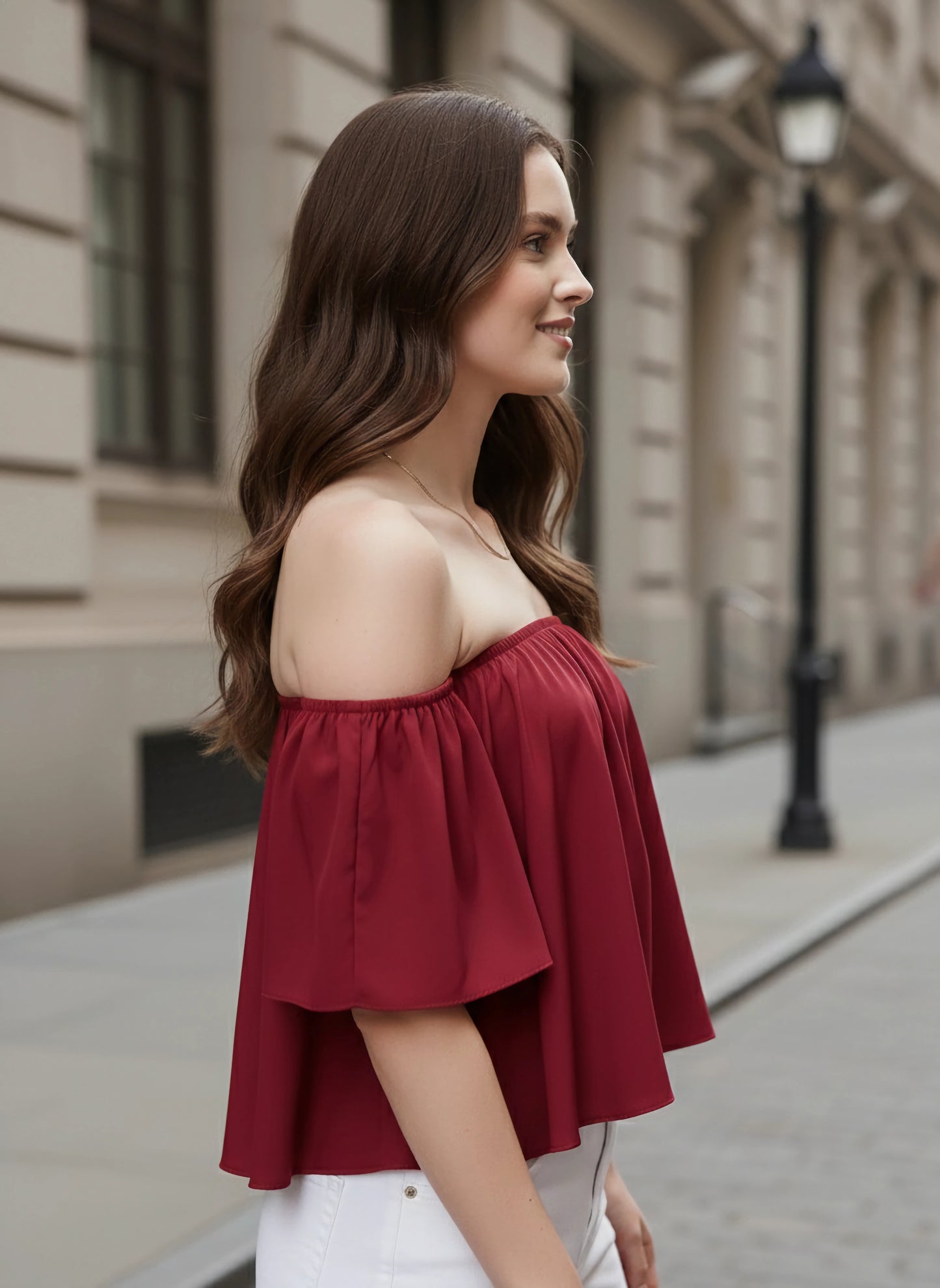 Berrylush Women Solid Red Off-Shoulder Neck Ruffled Crop Bardot Top