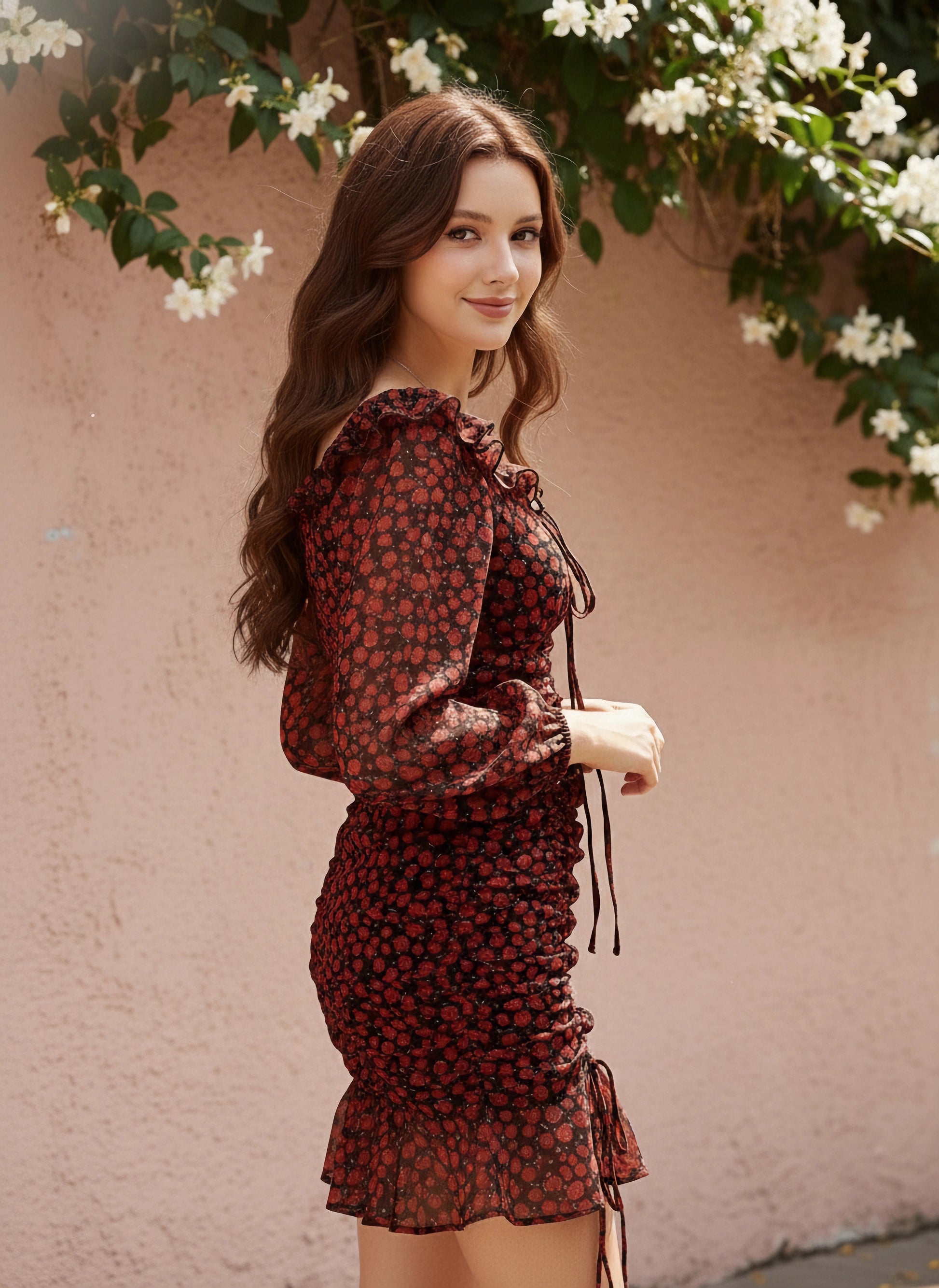 Women Black & Red Floral Printed Sweetheart Neck Georgette Tie-Up Flounce Hem Ruffled Bodycon Mini Dress - Berrylush Women Black & Red Floral Printed Sweetheart Neck Georgette Tie-Up Flounce Hem Ruffled Bodycon Mini Dress - Berrylush