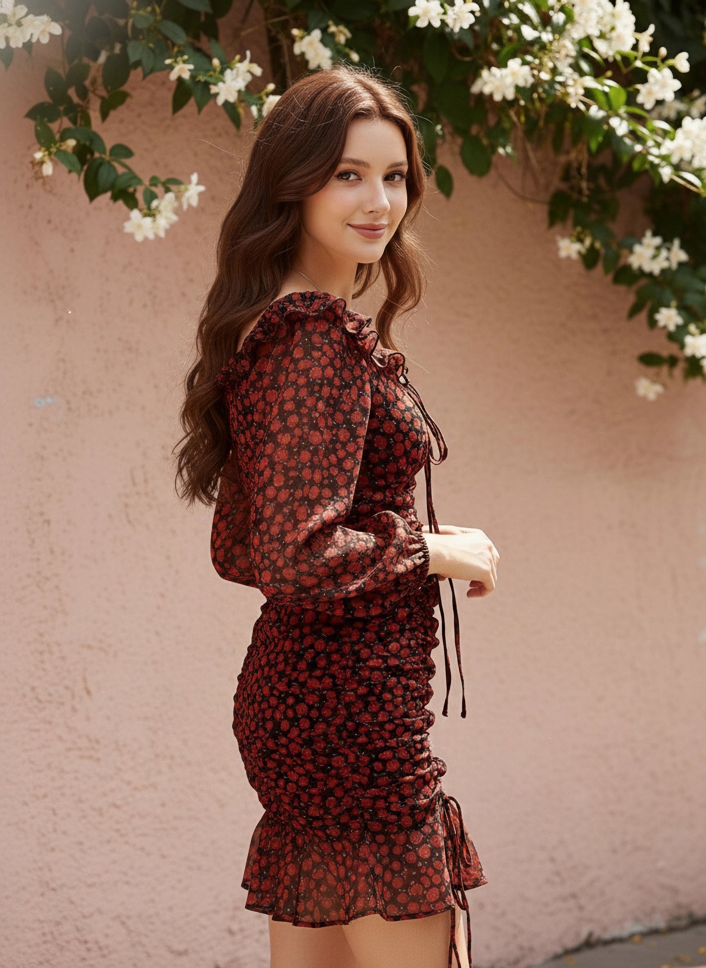 Berrylush Women Black & Red Floral Printed Sweetheart Neck Georgette Tie-Up Flounce Hem Ruffled Bodycon Mini Dress