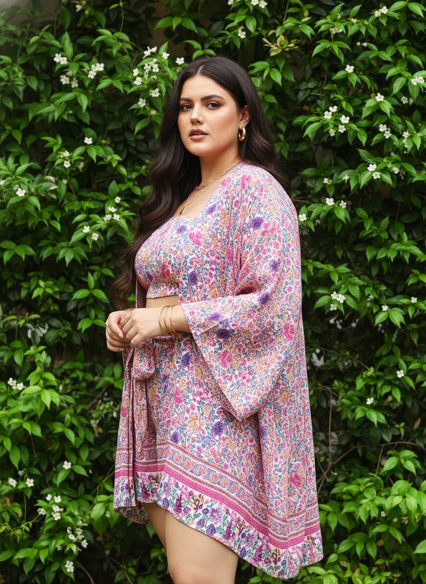 Berrylush Women Plus Size Pink & Purple Floral Printed Crop Top & Tie-Up Front Shorts With Kimono