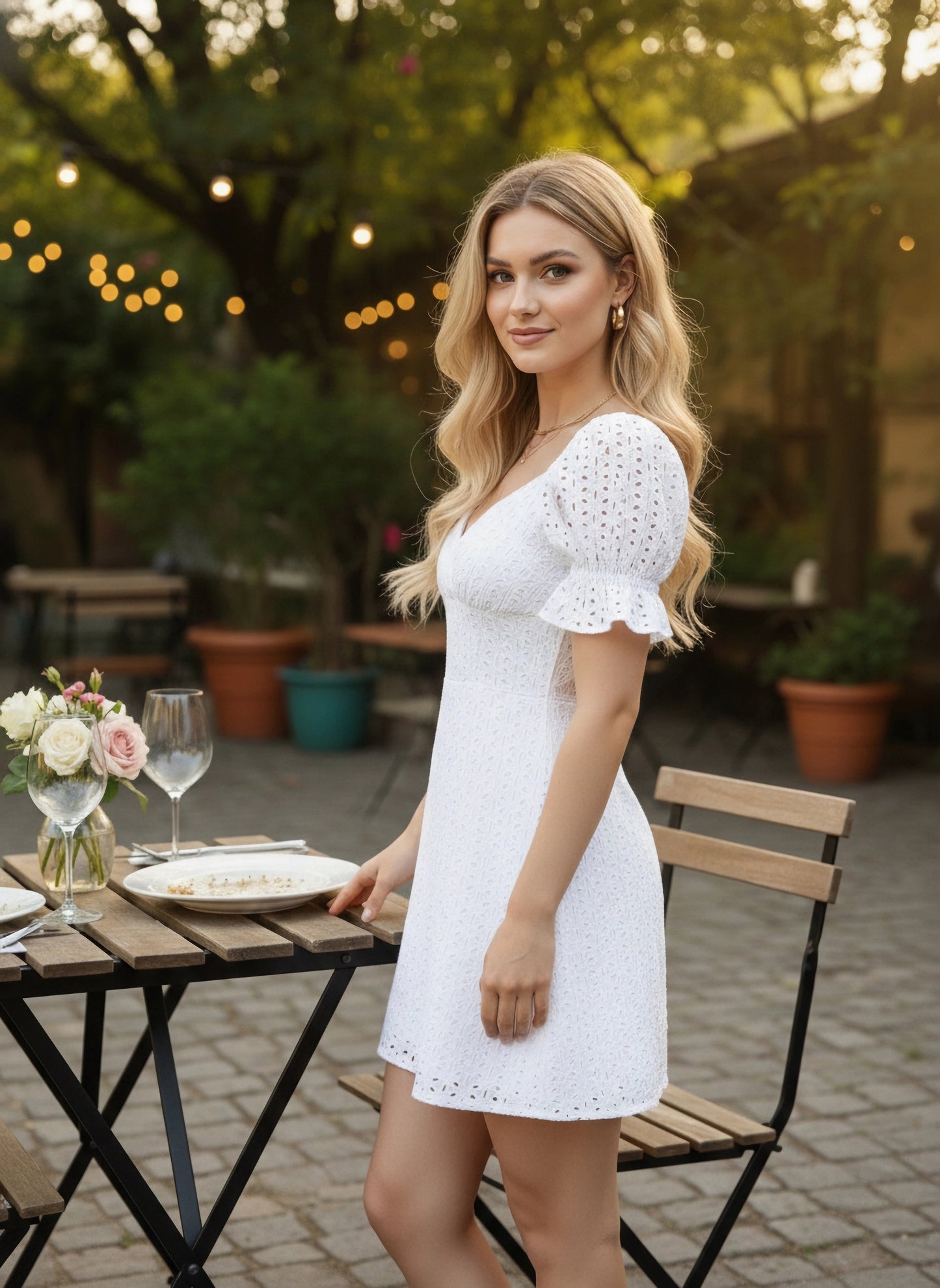 Berrylush Women Solid White Sweetheart Neck Schiffli Cotton Straight Hem Bodycon Mini Dress