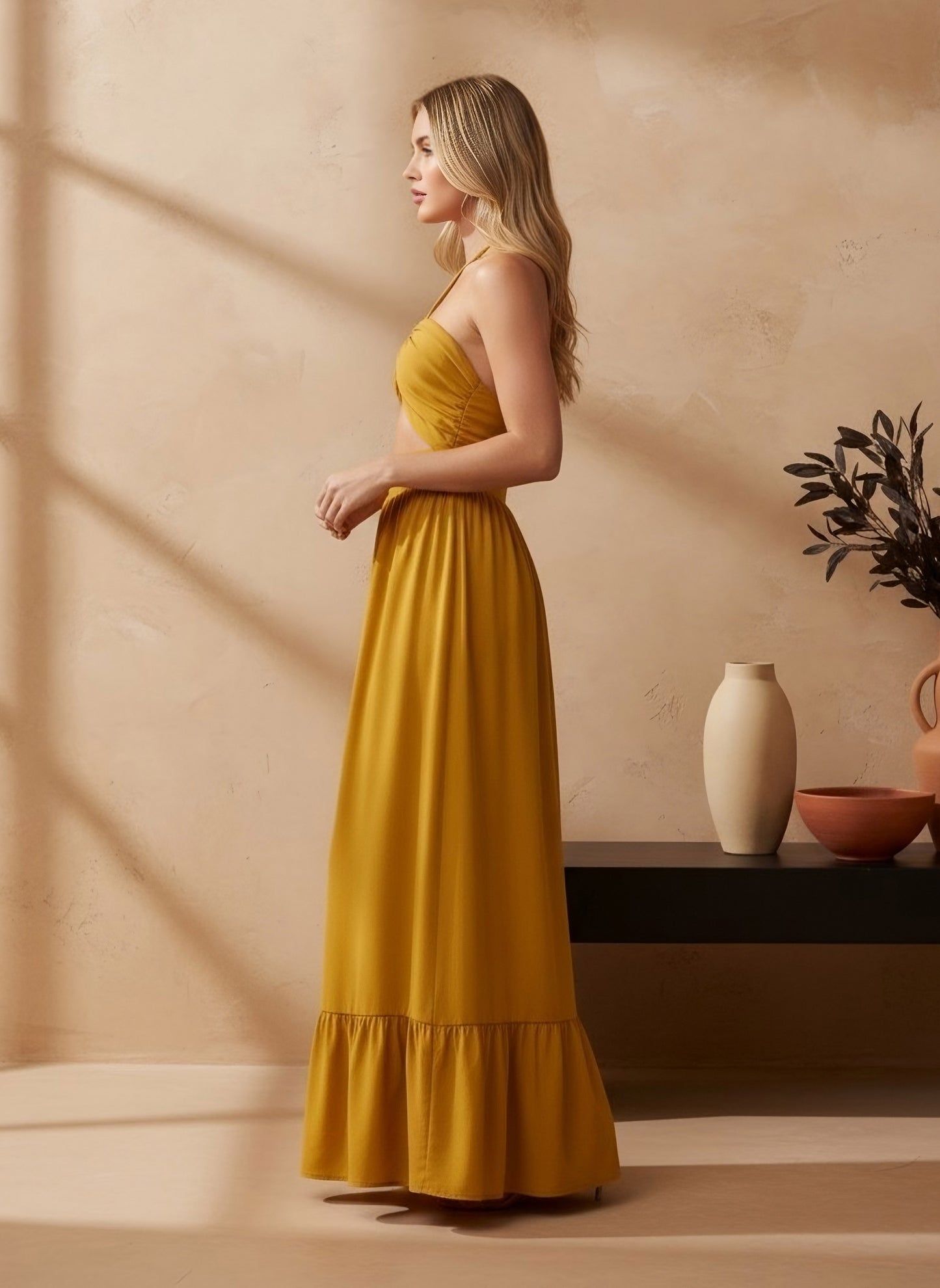 Berrylush Women Yellow Solid Halter Neck Sleeveless Tie-Ups Maxi Dress