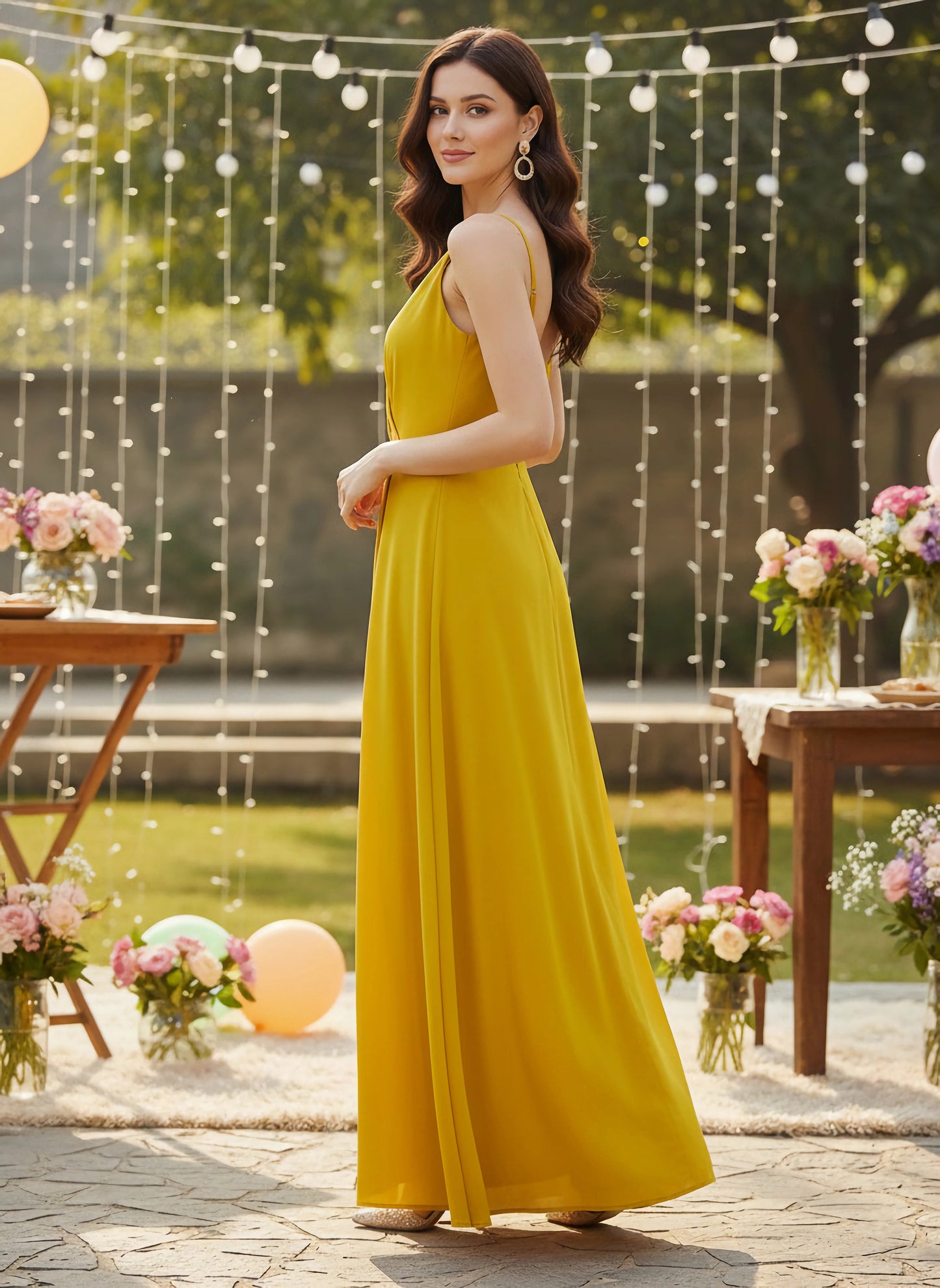 Berrylush Women Solid Yellow V-Neck Sleeveless Crepe Thigh-High Slit A-Line Maxi Dress