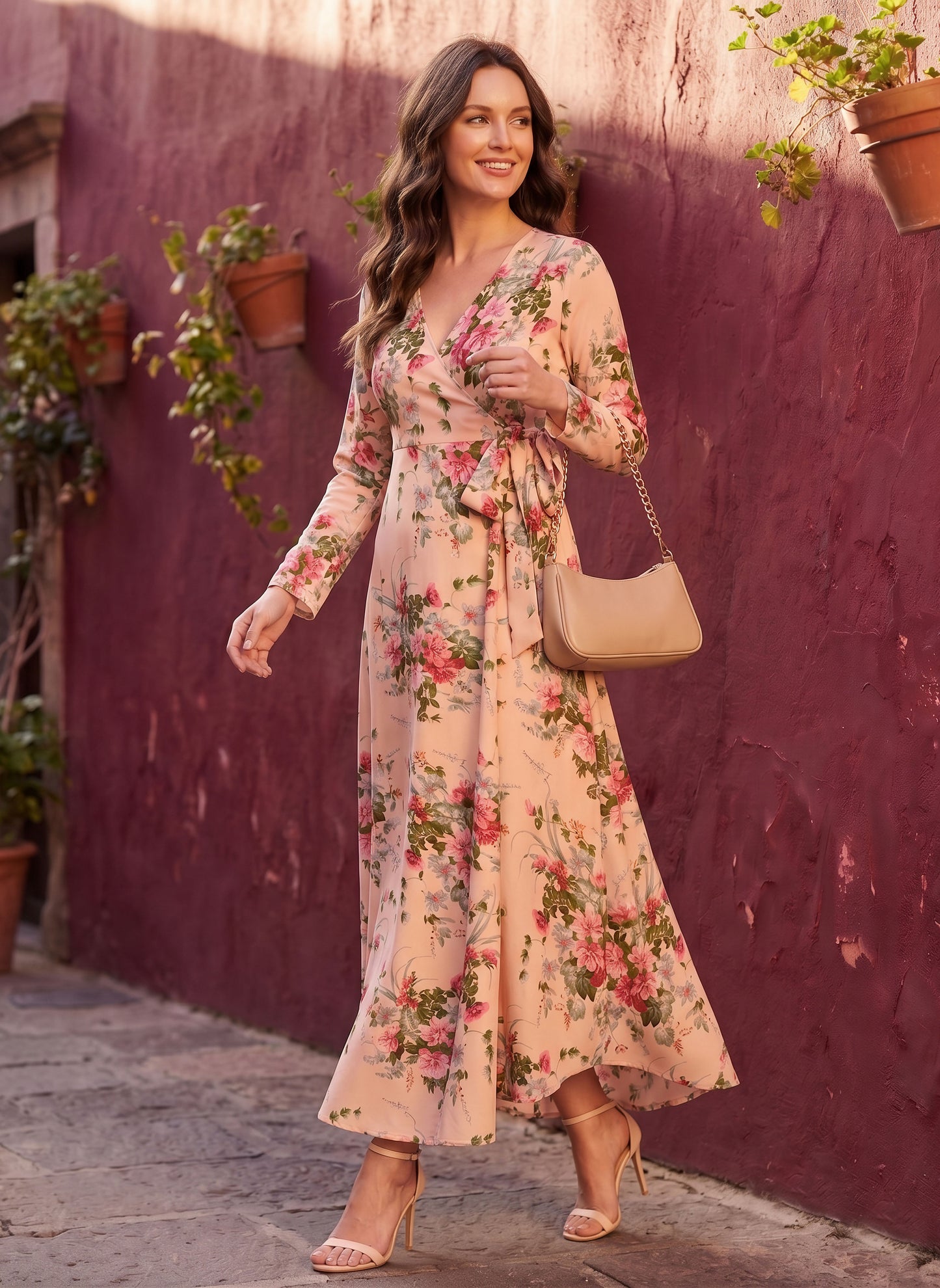 Berrylush Women Beige Floral Printed V-Neck Wrap Style Maxi Dress