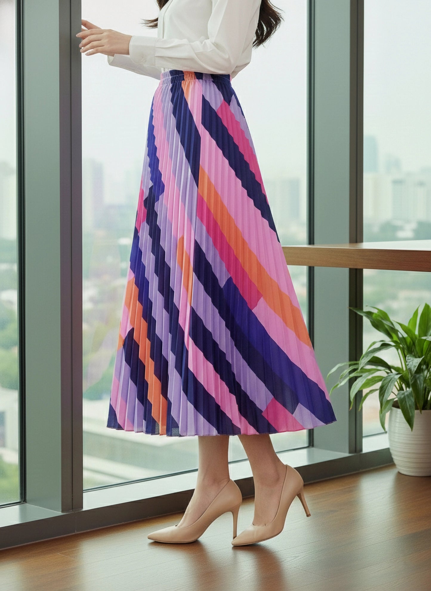 BIZwear Multicolour Colourblock Printed Elastic High-Rise Waist Straight Hem Pleated A-Line Midi Skirt