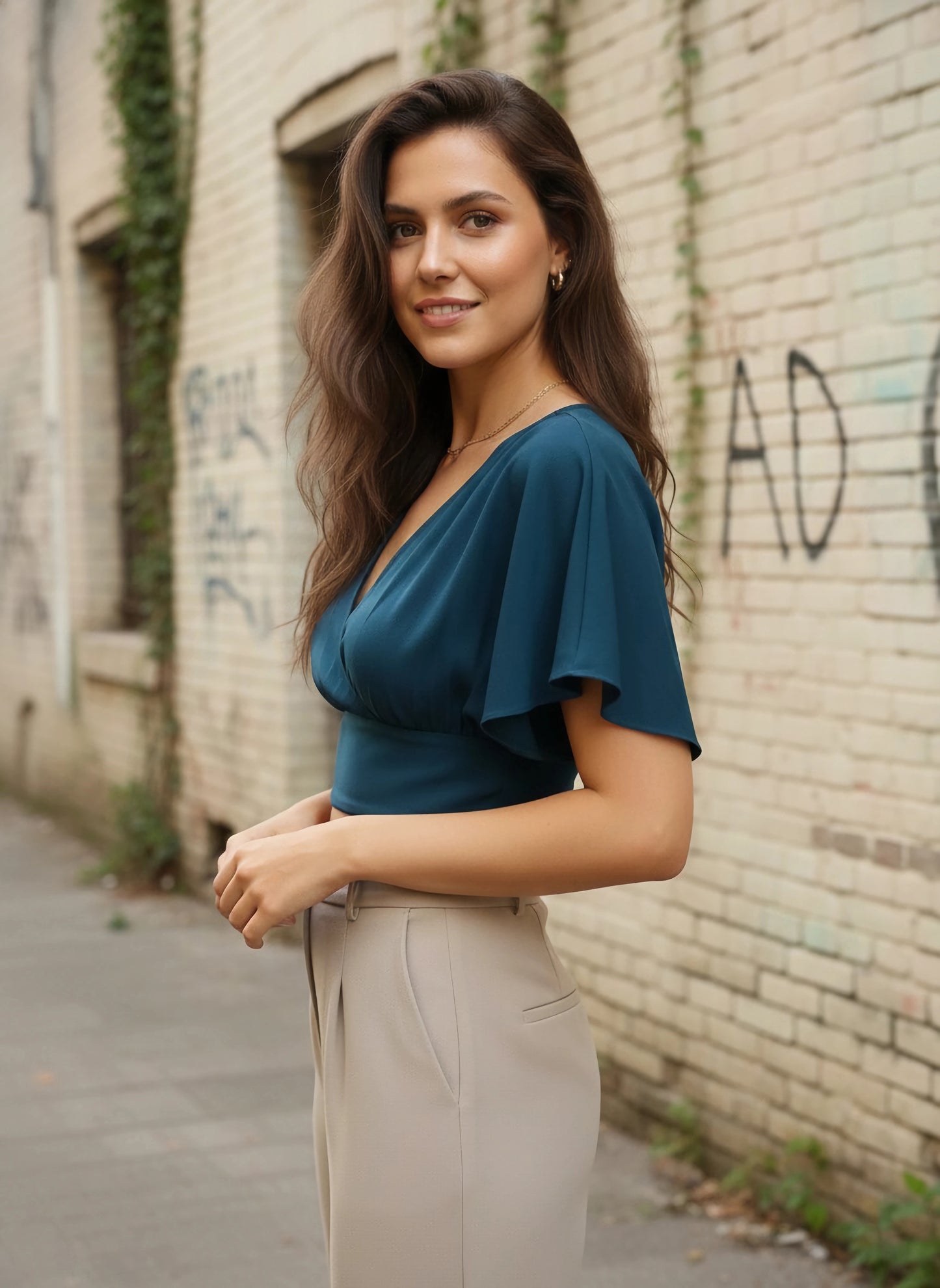Berrylush Women Solid Blue Keyhole Crepe Wrap Crop Top
