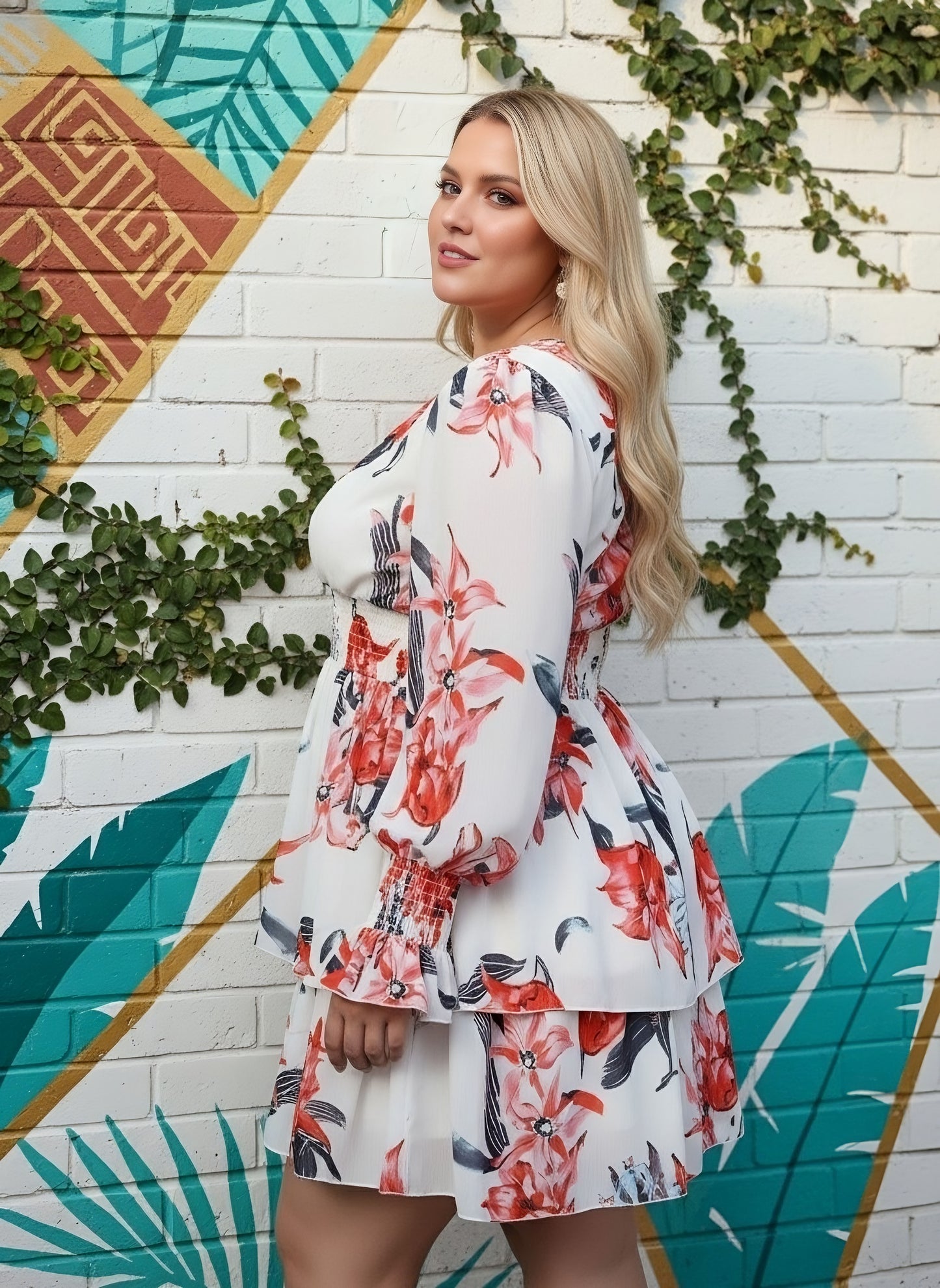 Berrylush Women Plus Size White & Peach Floral Printed V-Neck Smocked A-Line Mini Dress