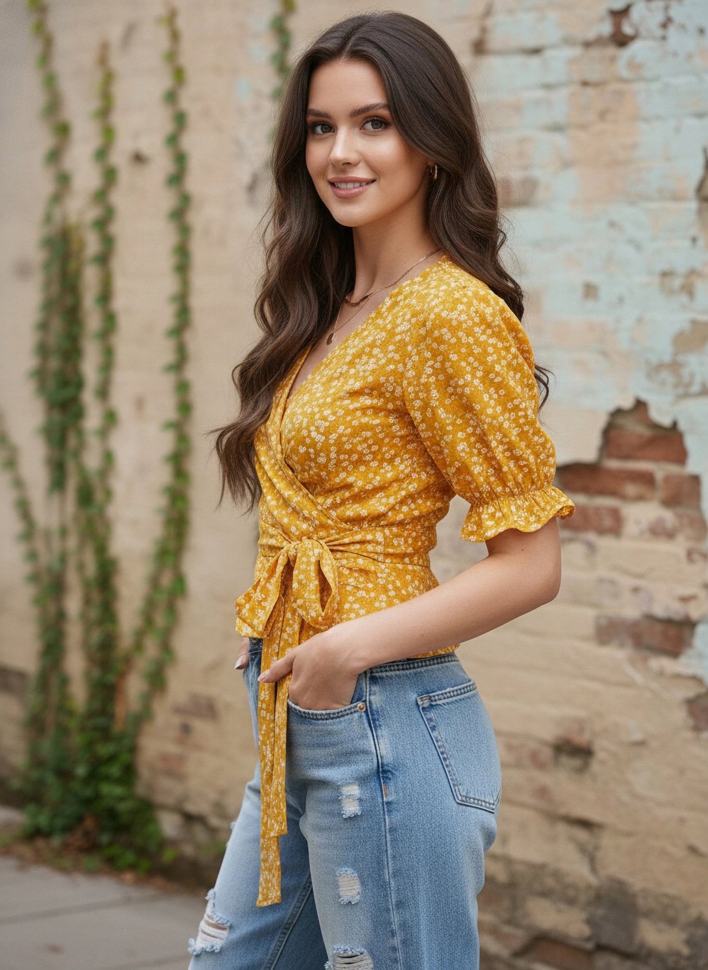 Berrylush Women Yellow & White Floral Printed Tie Knot Top