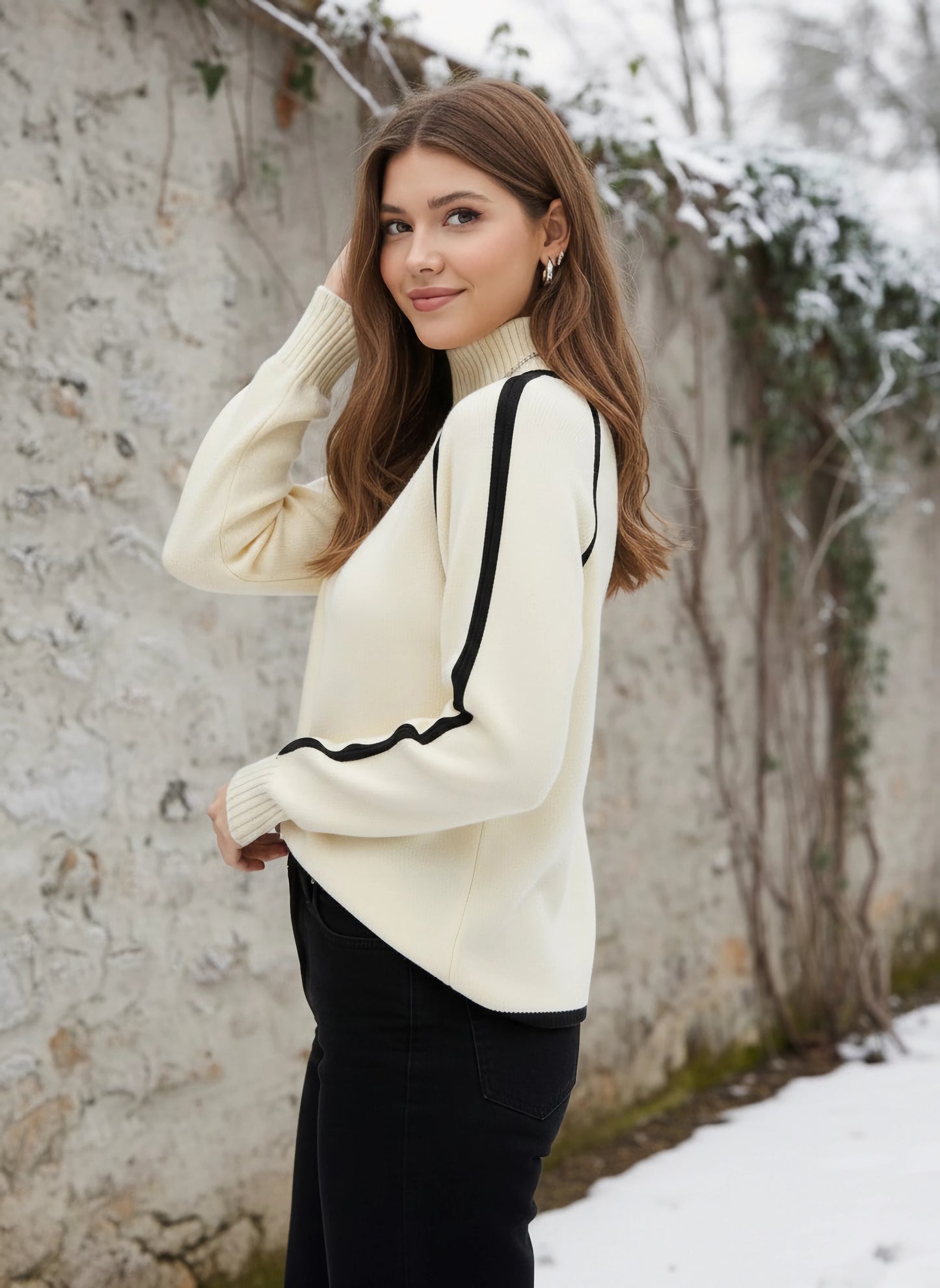 Berrylush Women Solid Off-White & Black Turtle-Neck Drop-Shoulder Sleeves Acrylic Ribbed Hem Knitted Regular Pullover