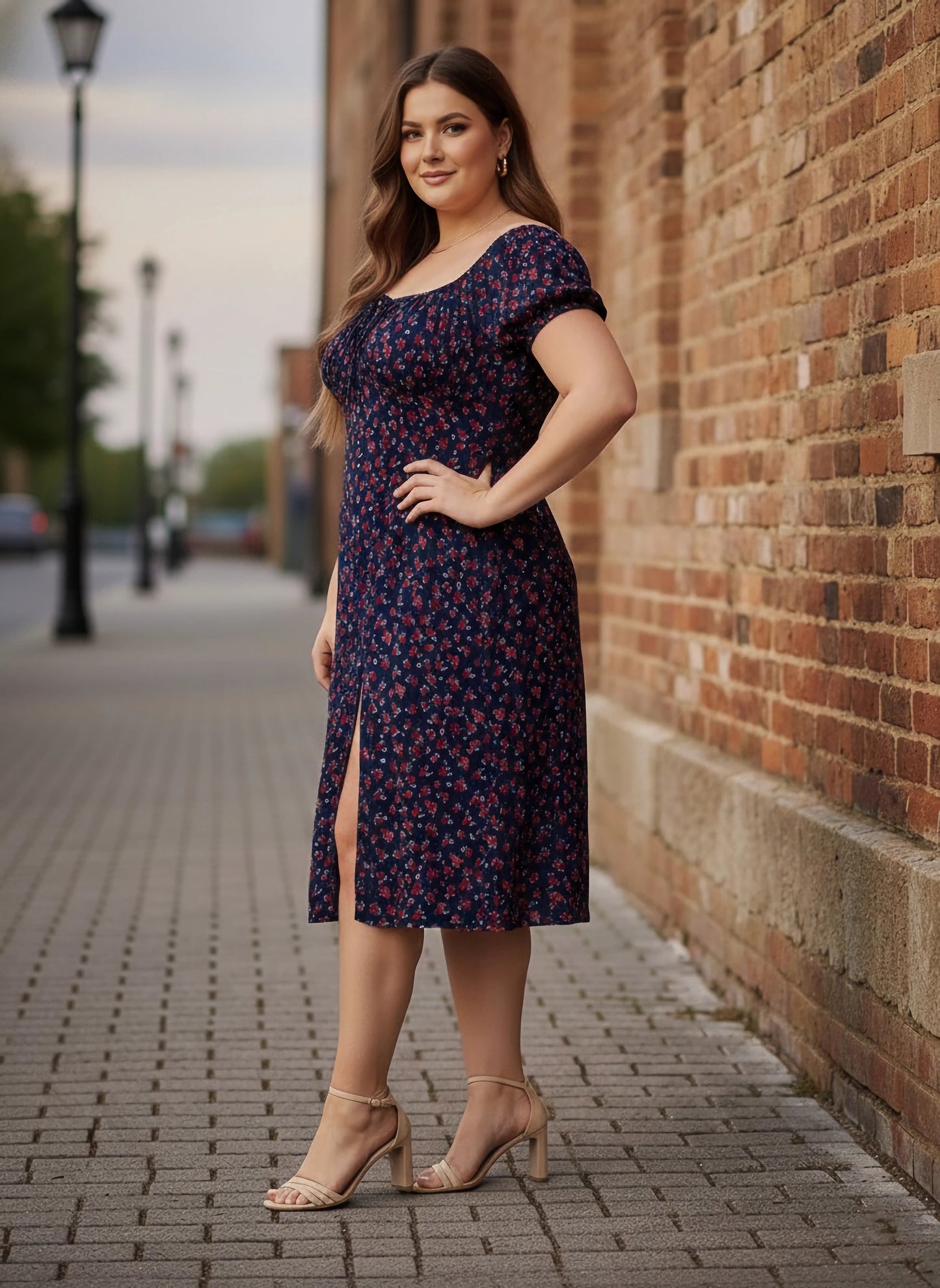 Plus Size Navy Blue & Red Floral Printed Square Neck Front Tie-Up Thigh-High Slit Flared A-Line Midi Dress