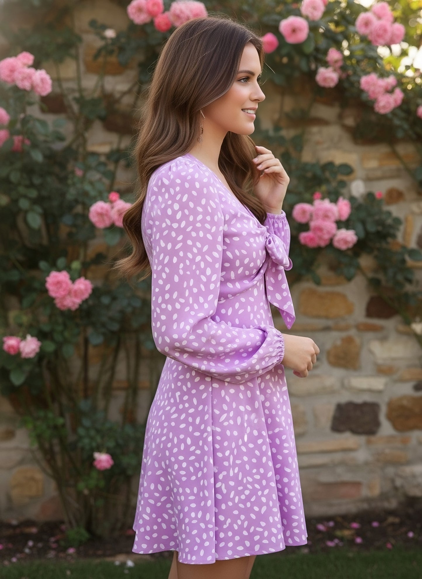 Berrylush Women Purple Abstract Printed A-Line Front Tie-Up Mini Dress