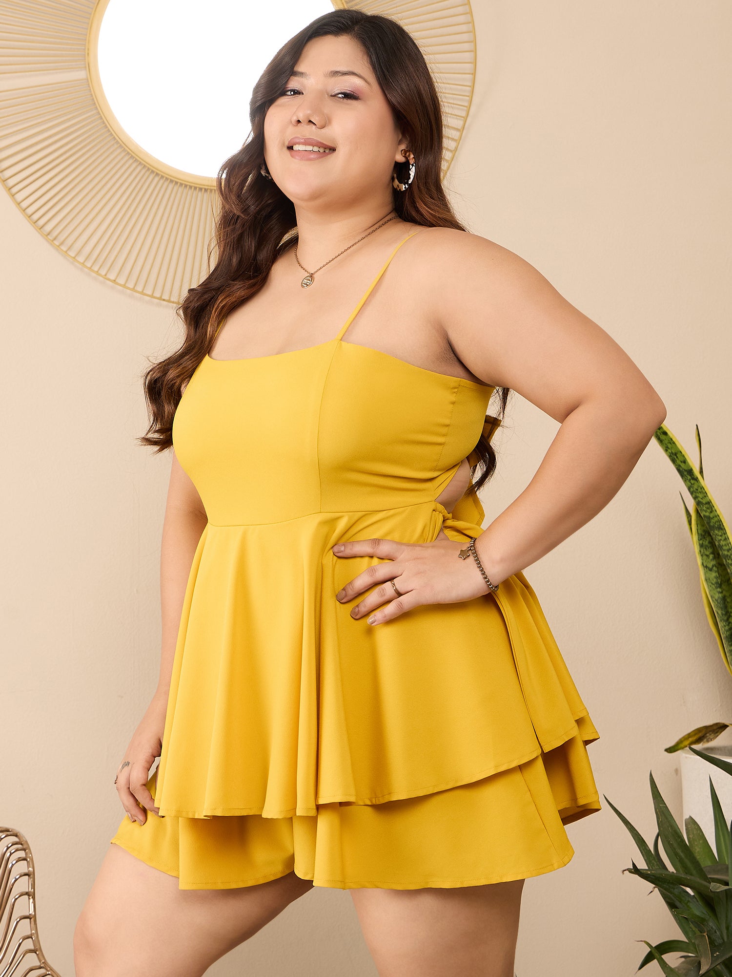 Women Solid Yellow Square Neck Sleeveless Back Cutout Tie-Up