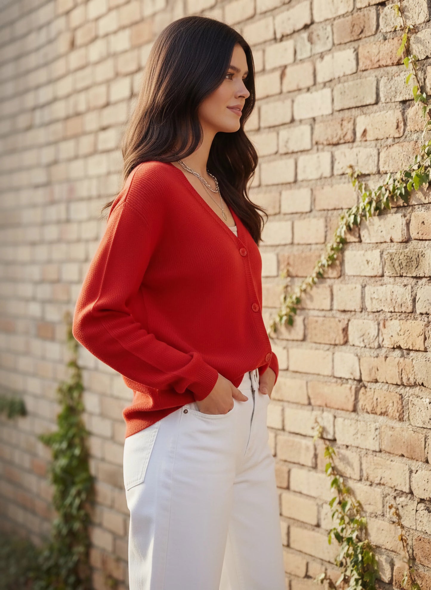 Berrylush Women Solid Red V-Neck Drop-Shoulder Sleeves Button-Up Ribbed Hem Regular Cardigan