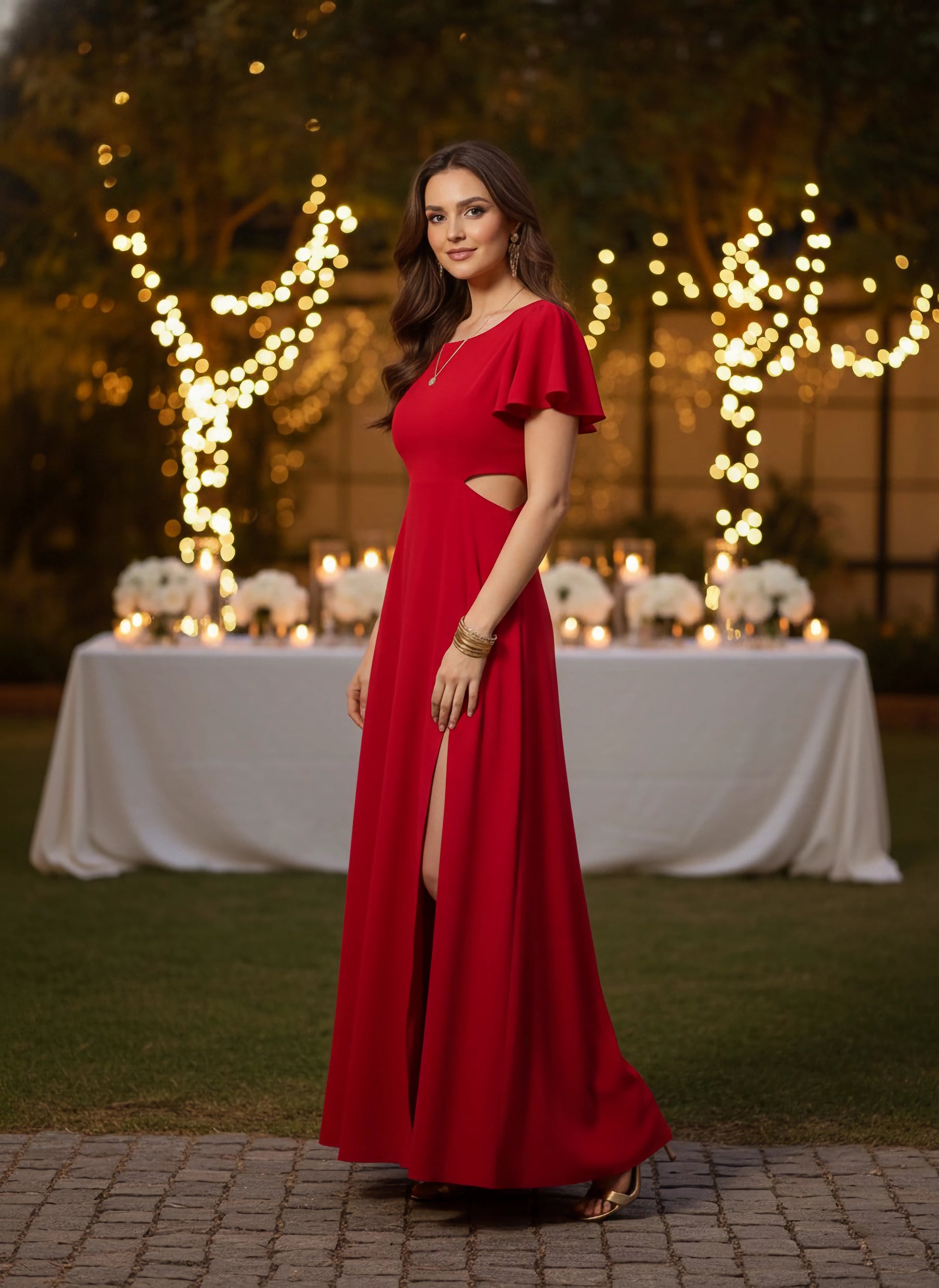 Women Solid Red Round Neck Cutout Crepe Thigh-High Slit Fit & Flare Maxi Dress - Berrylush Women Solid Red Round Neck Cutout Crepe Thigh-High Slit Fit & Flare Maxi Dress - Berrylush